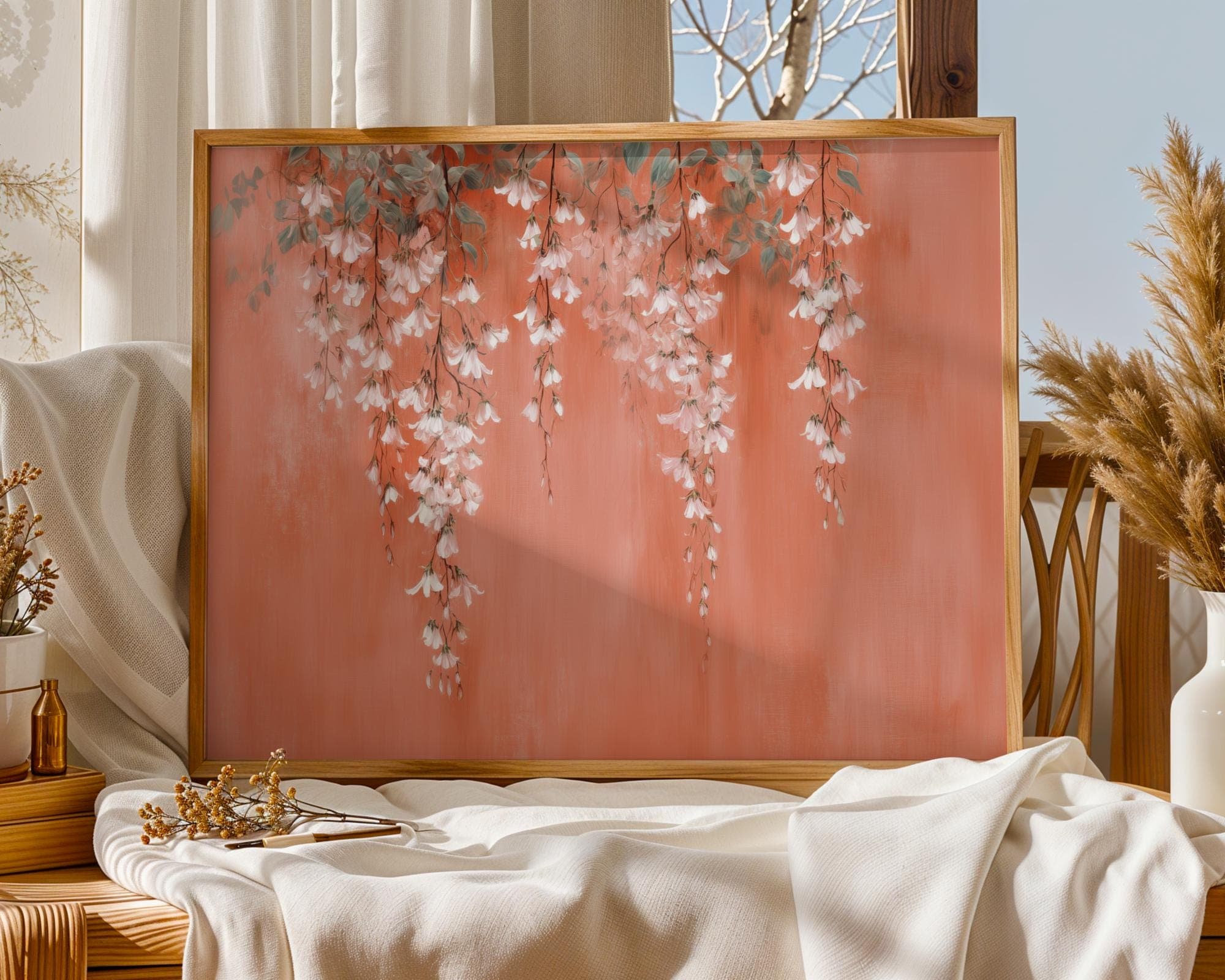 Cascading Floral Wall Art Print in Peach Tones | Romantic Botanical Hanging Flower Digital Poster, Cottagecore Floral Art Print, Floral Art