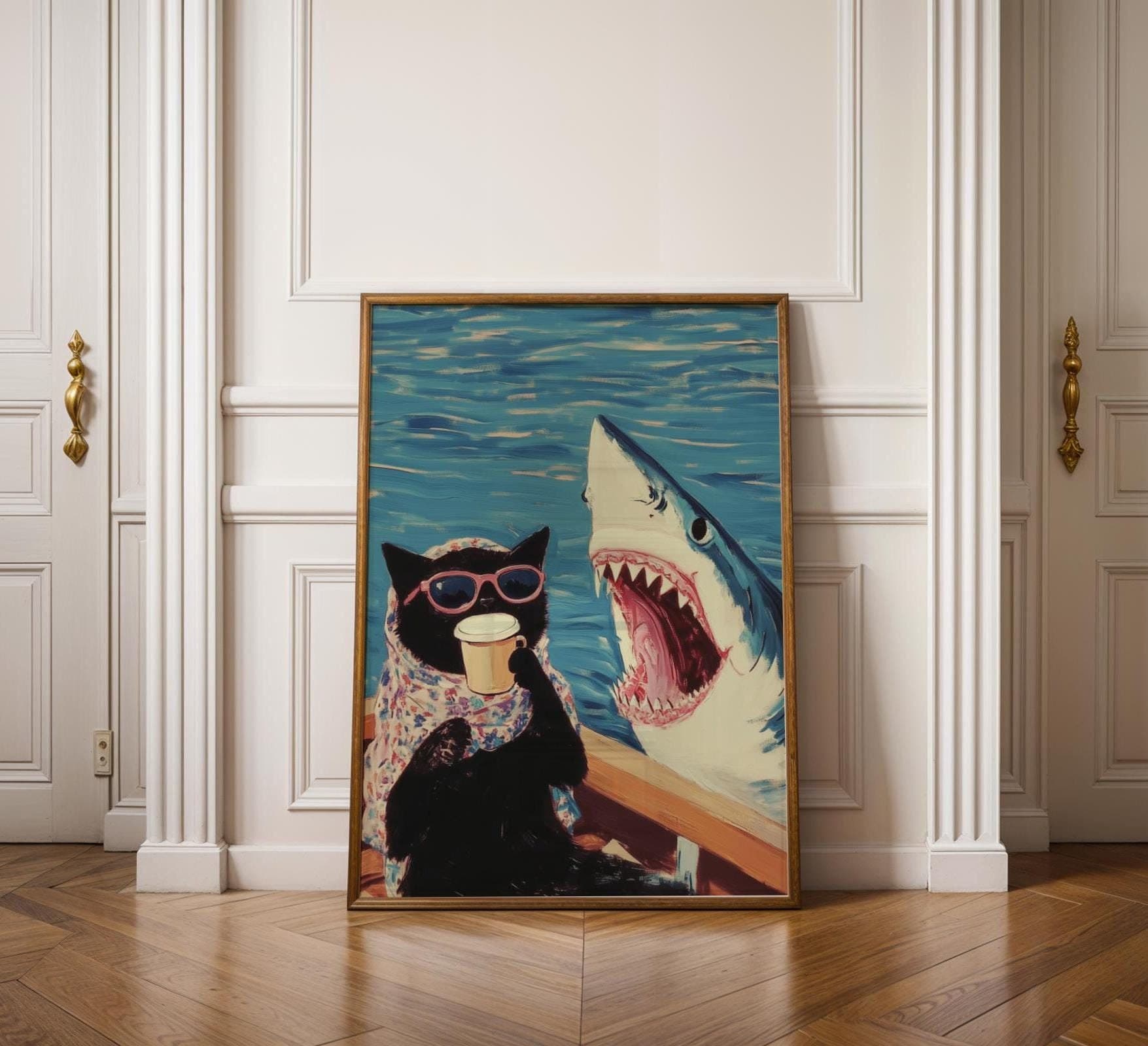 Funny Black Cat and Shark Wall Art, Funny Animal Art, Quirky Art Print, Quirky Cat Poster, Maximalist Cat Wall Art, Humorous Poster, Digital