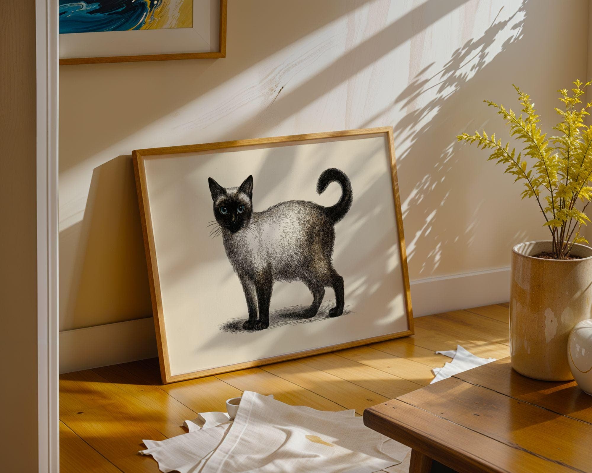 Siamese Cat Print, Vintage Cat Poster, Line Art Siamese Cat, Sepia Beige Wall Print, Minimal Cat Decor, Cat Lover Gift, Digital Animal Art - view 4