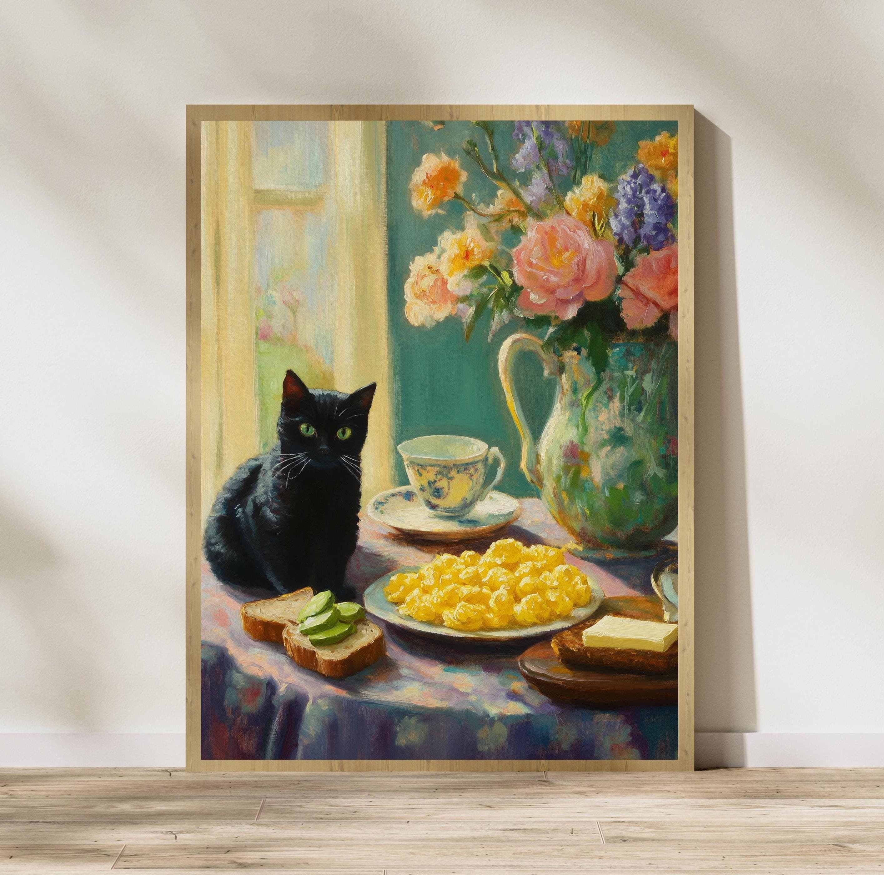 Vintage Kitchen Art, Black Cat Oil Painting, Maximalist Kitchen Decor, Quirky Black Cat Art, Digital Printable Arts, Kitchen Black Cat Decor