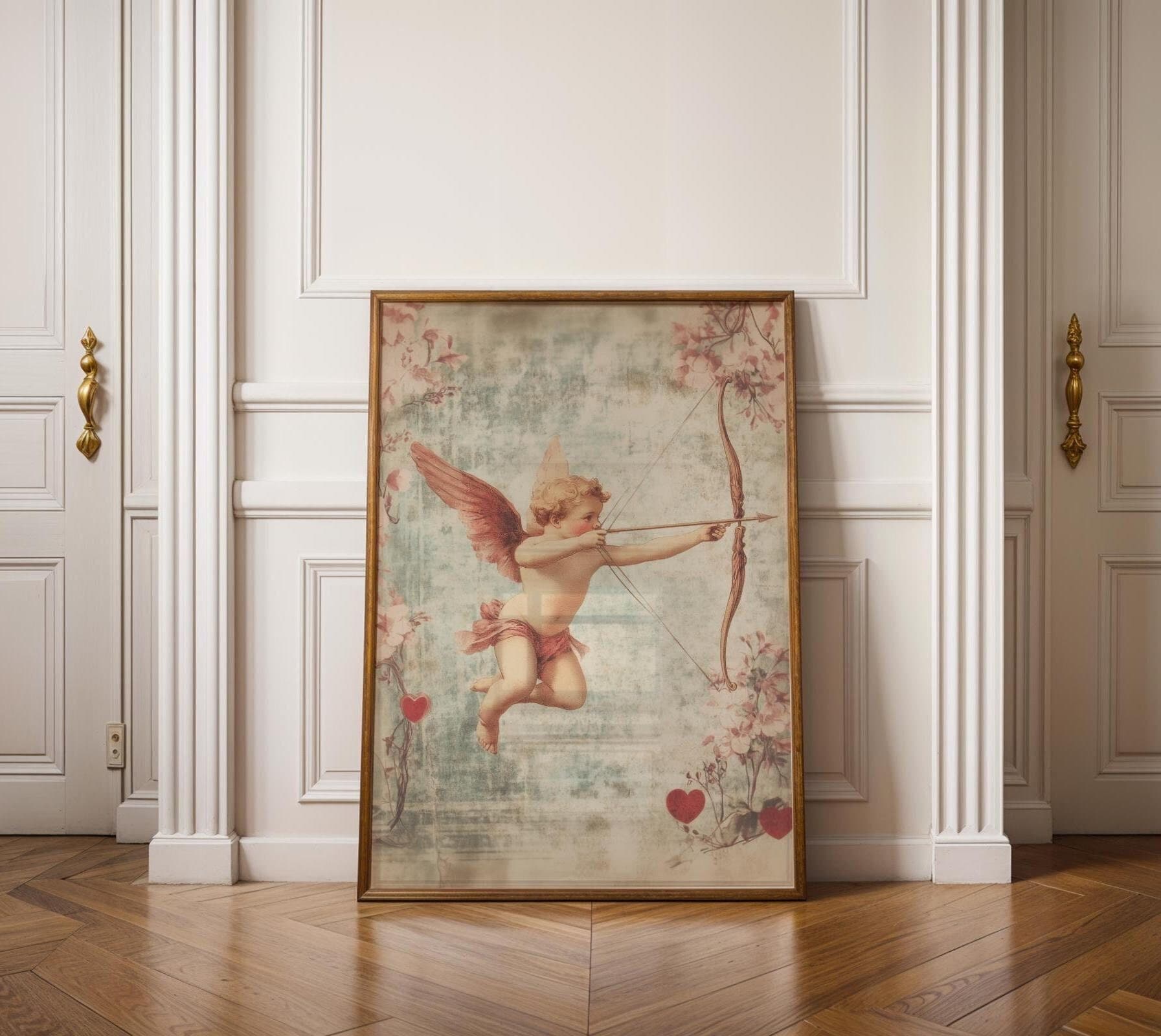 Vintage Cupid Wall Art, Cupid with Bow and Arrow, Romantic Victorian Wall Decor, Rustic Valentine’s Day Decor, Cupid Angel Print, Cupid Art