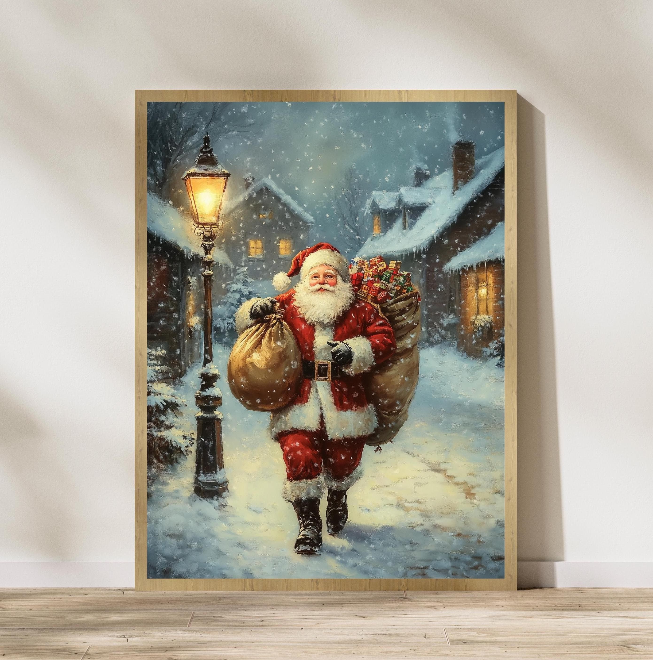 Santa Claus Wall Art, Vintage Christmas Santa Claus Canvas, Digital Download, Holiday Wall Art, Cozy Snow Wall Art, Classic Santa Painting