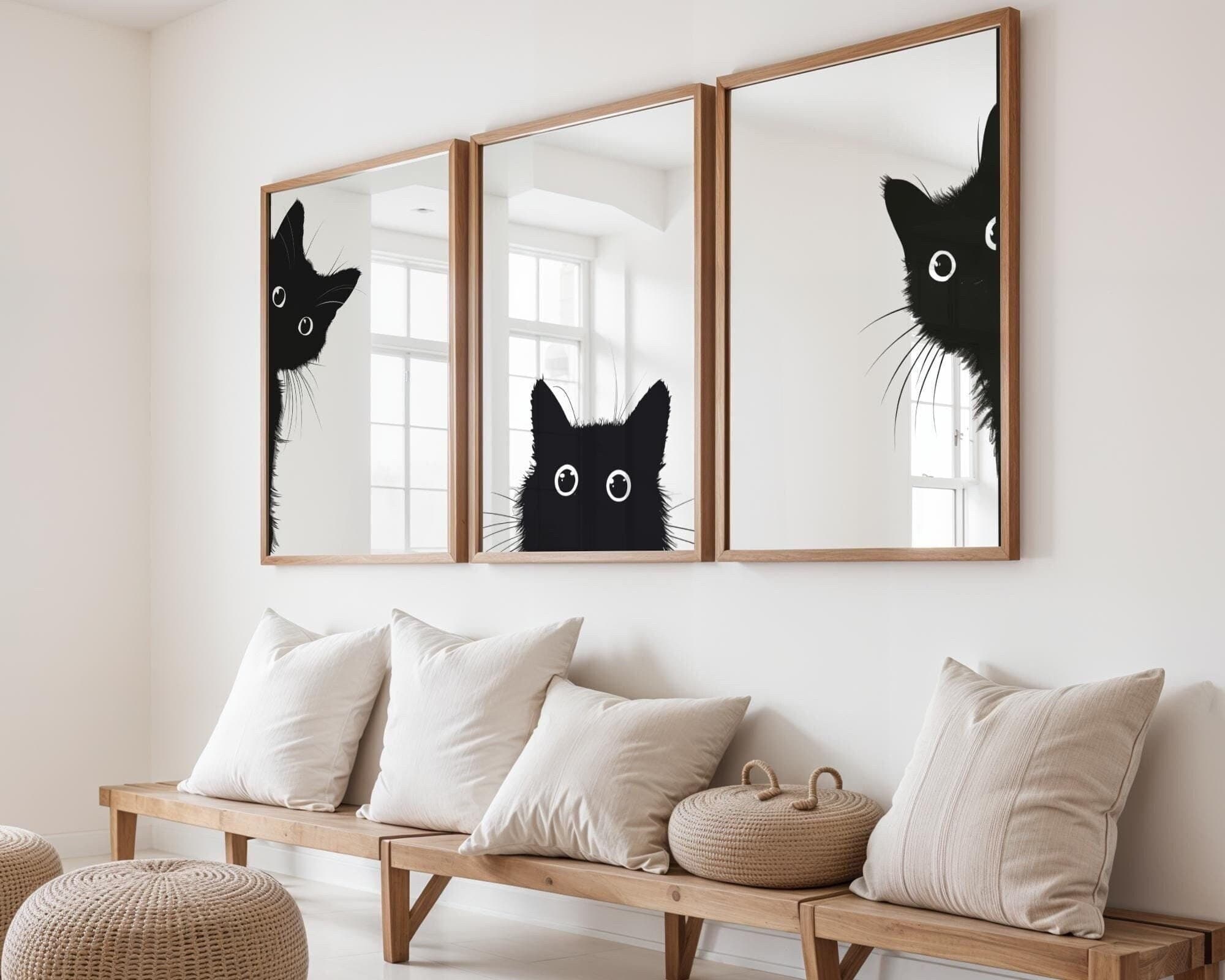 Set of 3 Peeking Black Cat Print Wall Art Poster, Black and White Cat Wall Art, Quirky Cat Decor, Black Cat Art, Set of 3, Quiry Cat Print