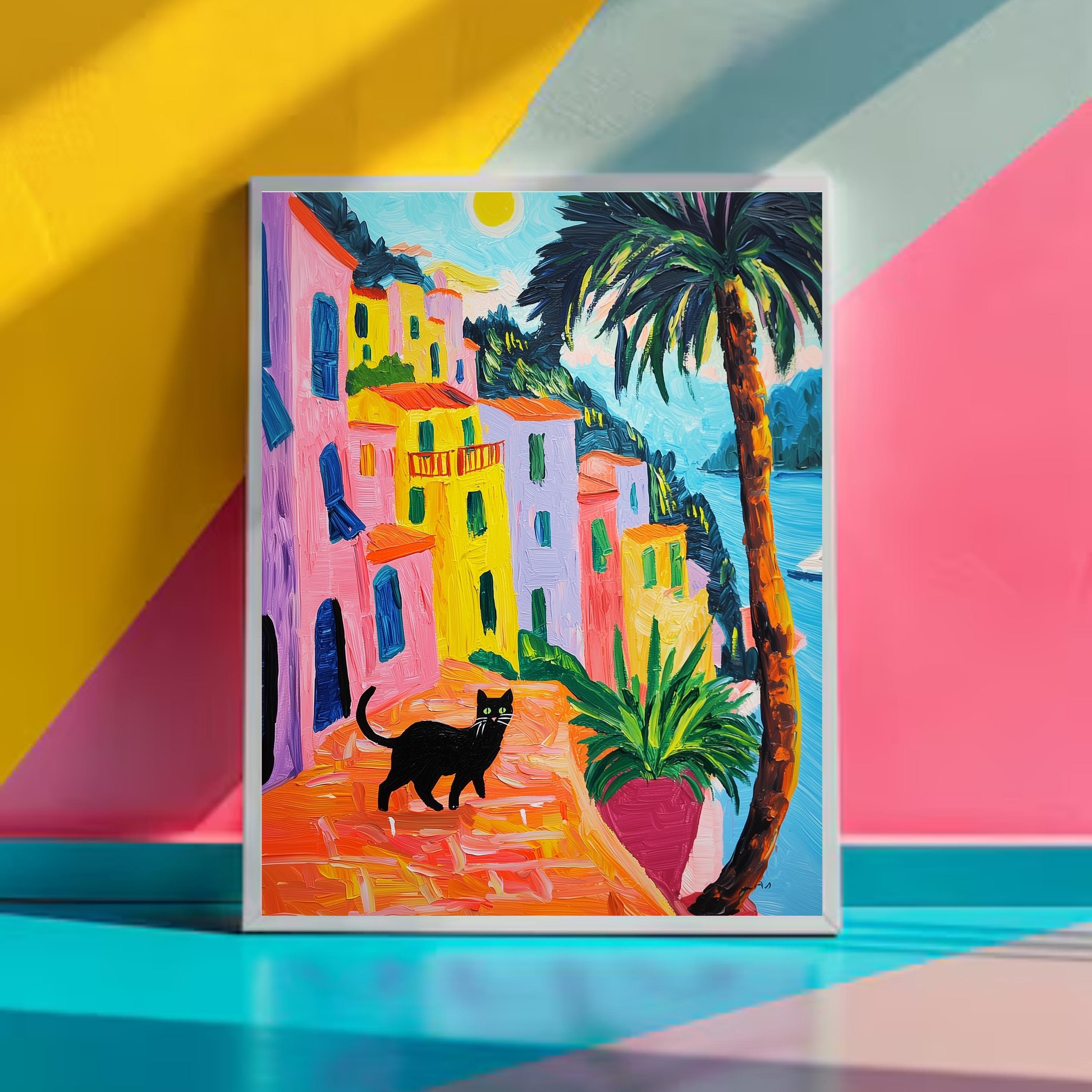 Portofino Print, Cat Print, Beachy Wall Art, Coastal Wall Art, Oil Painting Printable Wall Art, Cat Painting Summer Decor Nautical Wall Art - view 7
