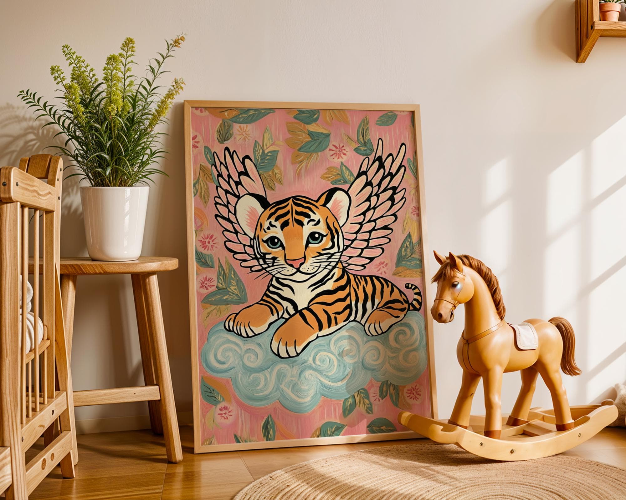 Winged Tiger Wall Art, Whimsical Pink Nursery Decor, Pink and Blue Nursery Art, Angelic Tiger Wall Art, Kids Room Tiger Wall Art, Baby Tiger - view 4