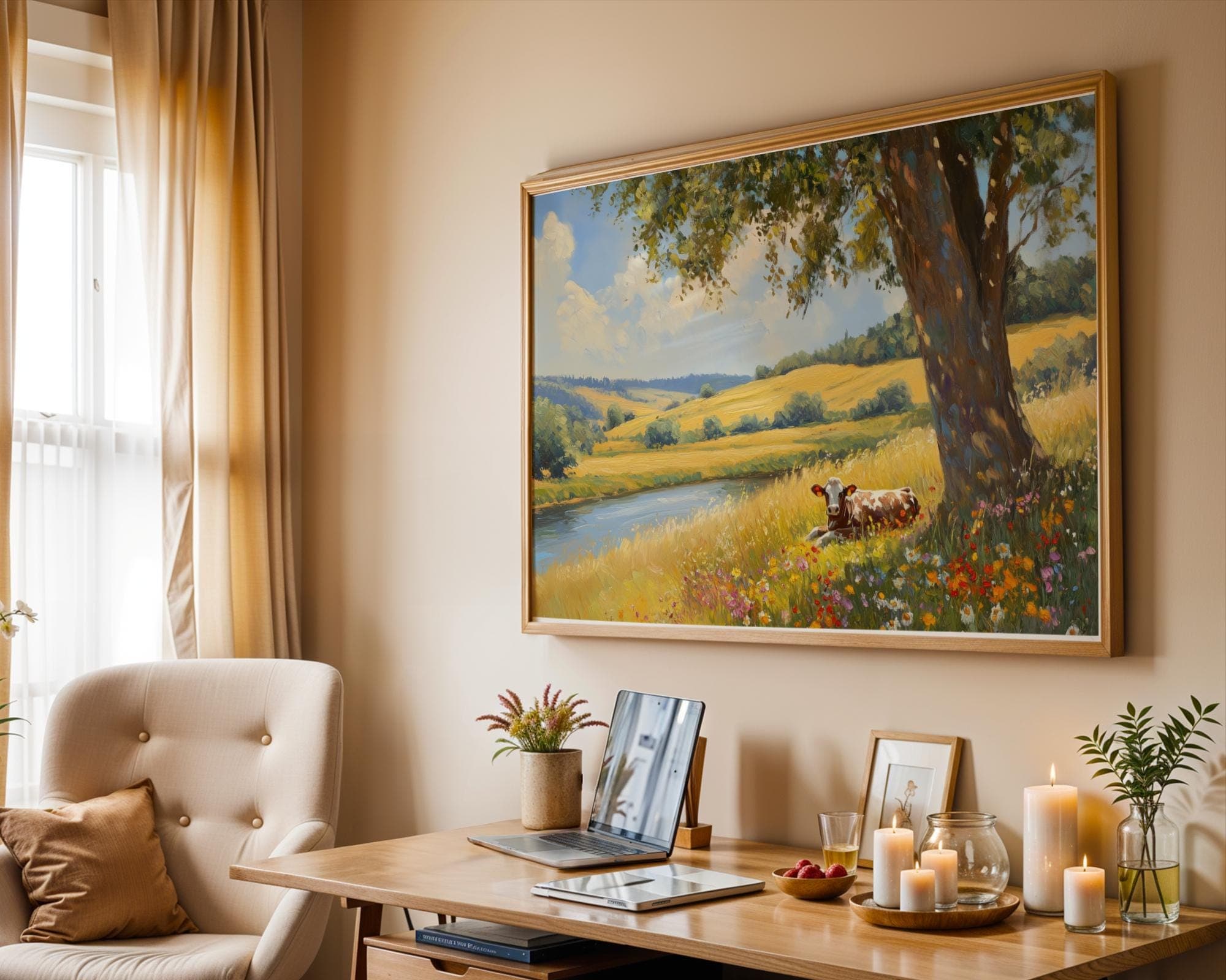 Pastoral Landscape Cow Wall Art, Peaceful River and Wildflower Field Painting, Country Wall Art Print, Country Cottage Art, Landscape Art - view 2