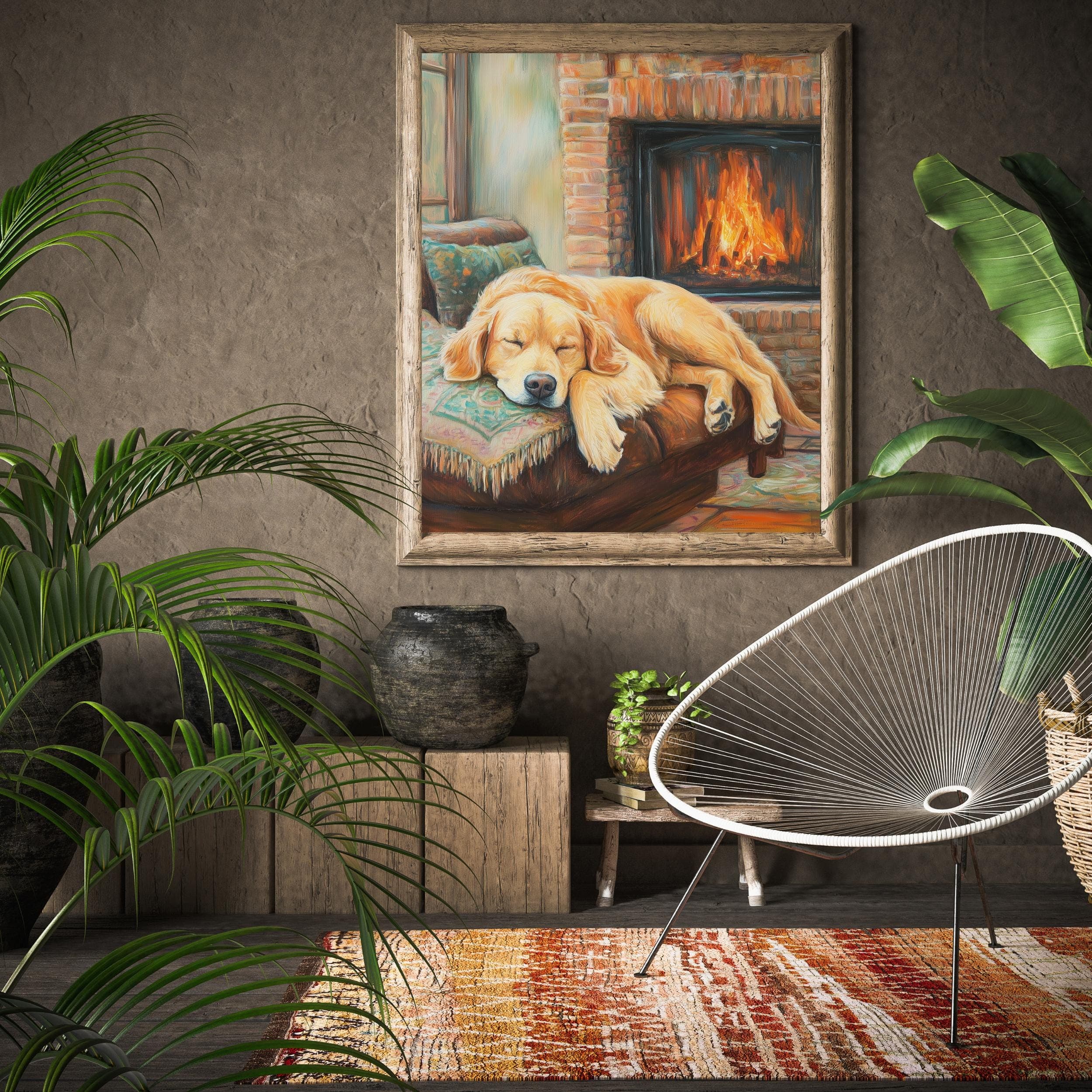 Cozy Golden Retriever by the Fireplace | Warm Pastel Painting for Home Decor, Colorful Dog Print, Warm Wall Decor, Digital Dog Poster - view 6