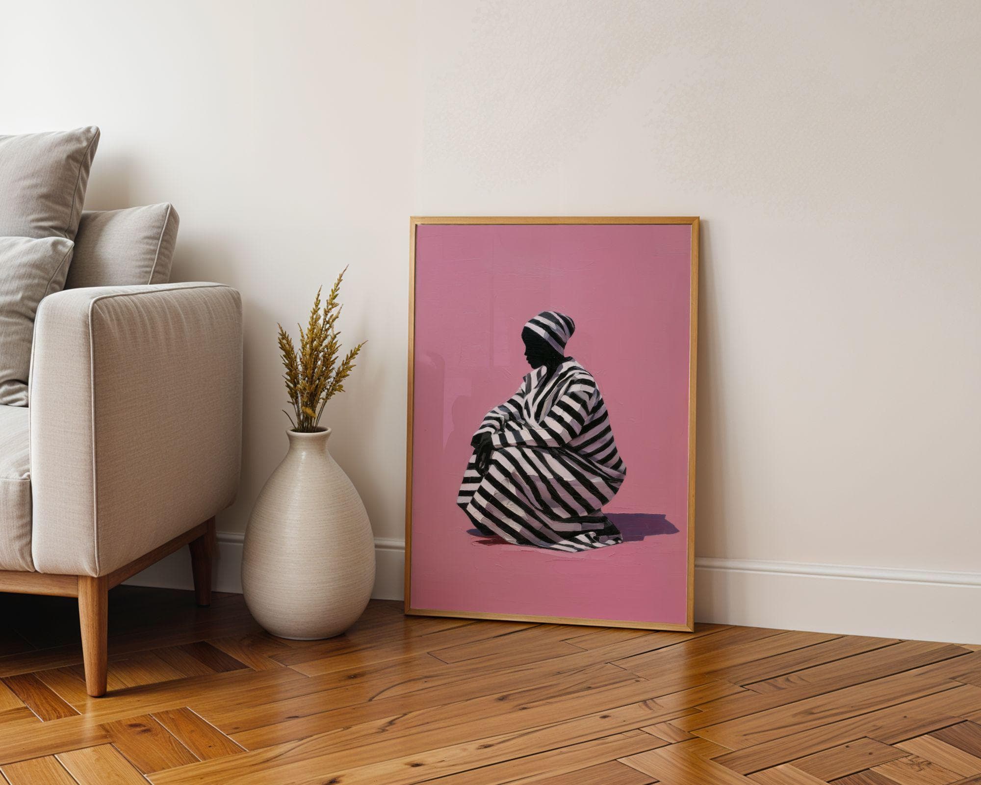 Pink Wall Art Print, Striped Dress Woman Silhouette, Modern Fashion Decor, Bedroom Living Room, Modern Woman Wall Art, Pink Background Print