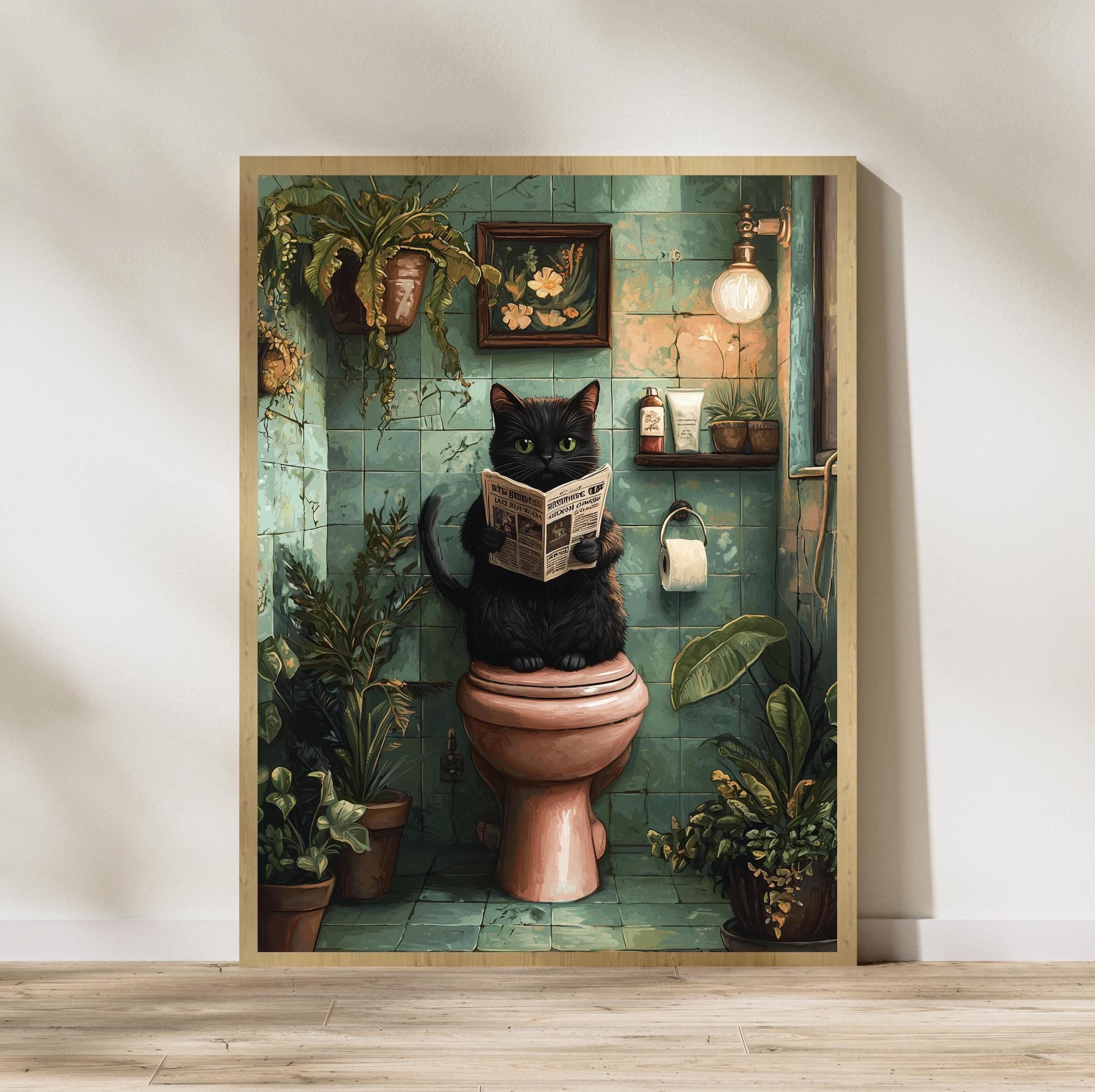 Vintage Black Cat Bathroom Wall Art, Toilet Fun Wall Art, Funny Black Cat Bathroom Art, Quirky Bathroom Wall Decor, Whimsical Bathroom Print