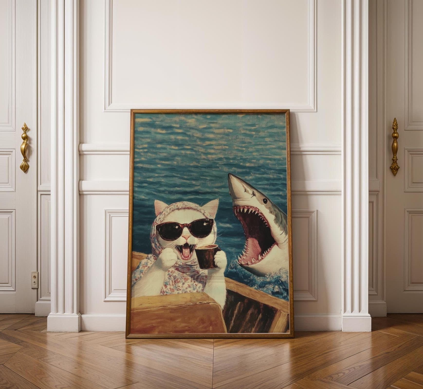 Funny Cat and Shark Wall Art, Funny Animal Art, Quirky Art Print, Quirky Cat Poster, Maximalist Cat Wall Art, Humorous Poster, Digital Art