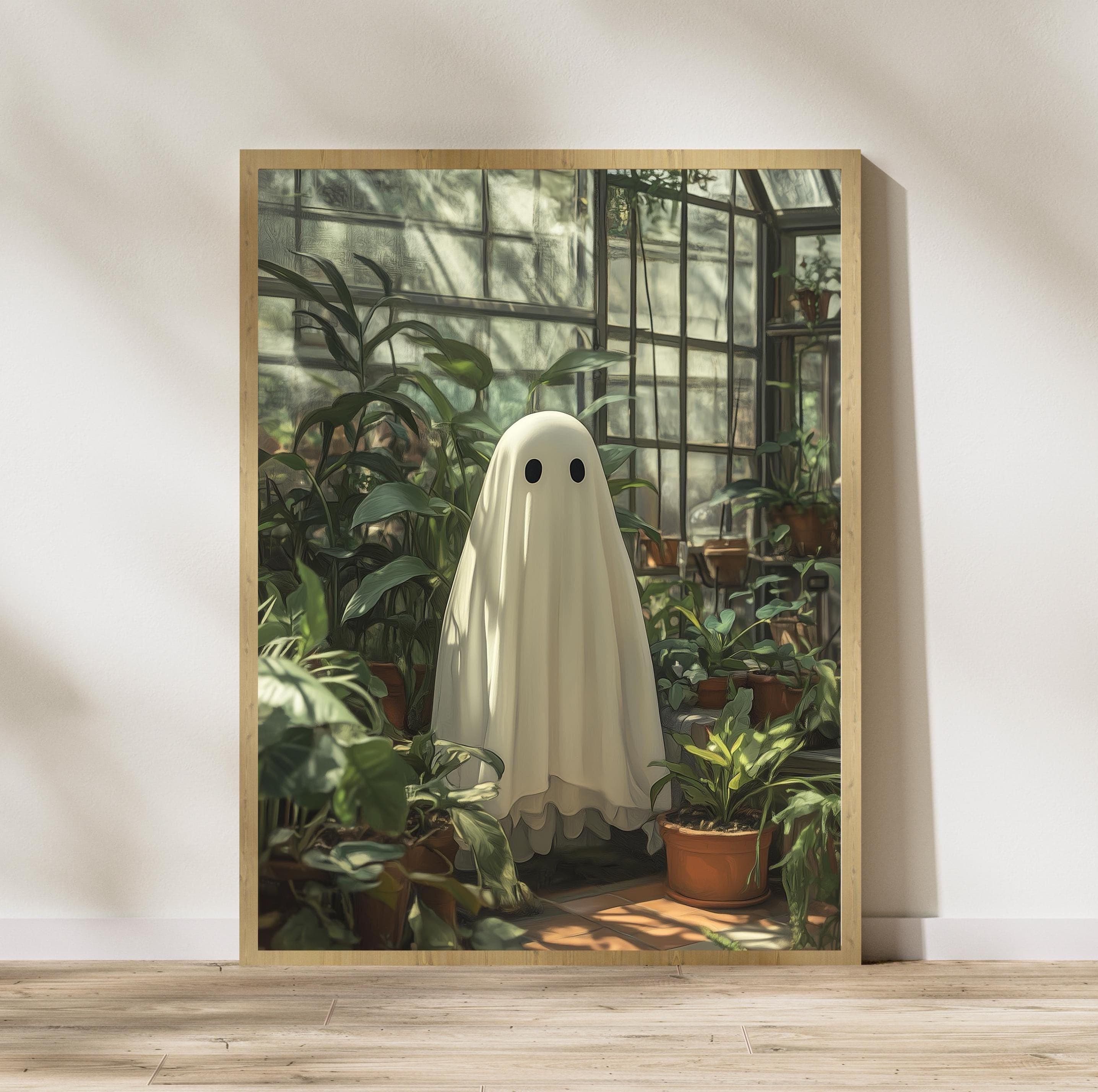 Ghost in Heathouse, Moody Plants and Ghost Painting, Cottagecore Ghost Art Print, Halloween Poster Home Decor, Whimsical Halloween Wall Art