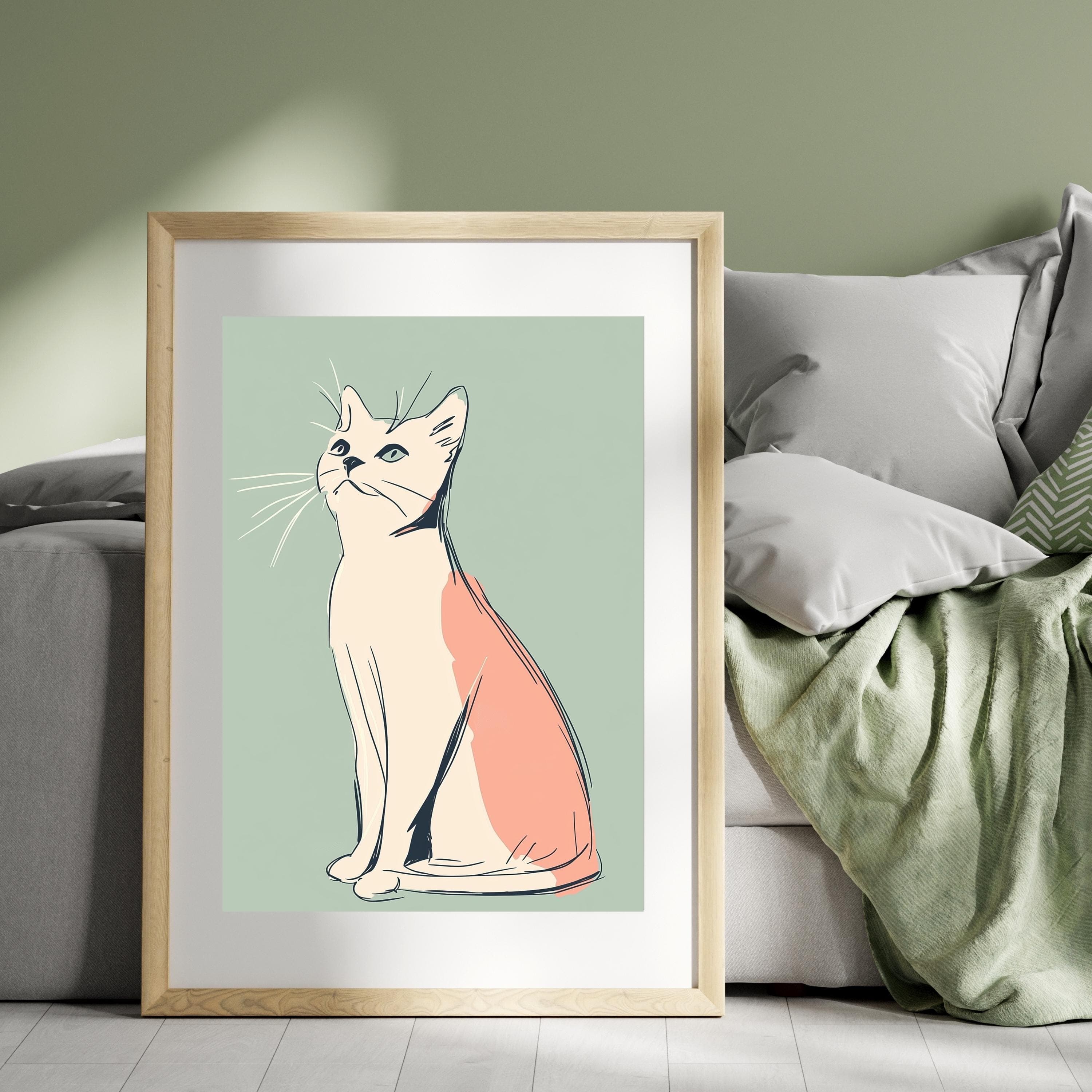 Minimalist Cat Art, Modern Cat Wall Art, Pastel Colored Cat Illustration, Chic Cat Poster, Modern Cat Line Drawing, Peach and Mint Green Art - view 5