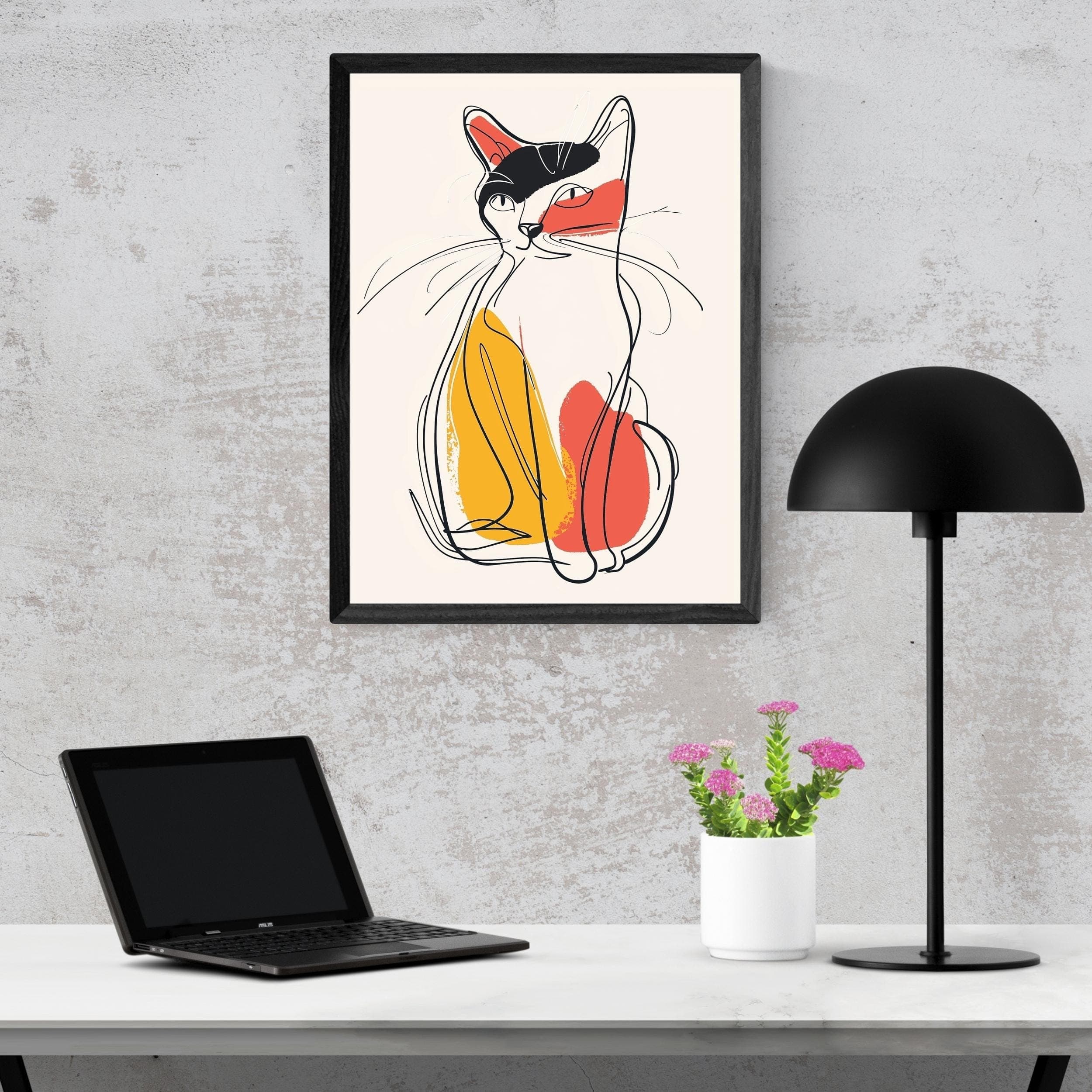 Abstract Cat Poster, Abstract Yellow and Red Cat Illustration, Minimalist Wall Decor, Whimsical Cat Art Print, Minimalist Cat Wall Decor - view 6