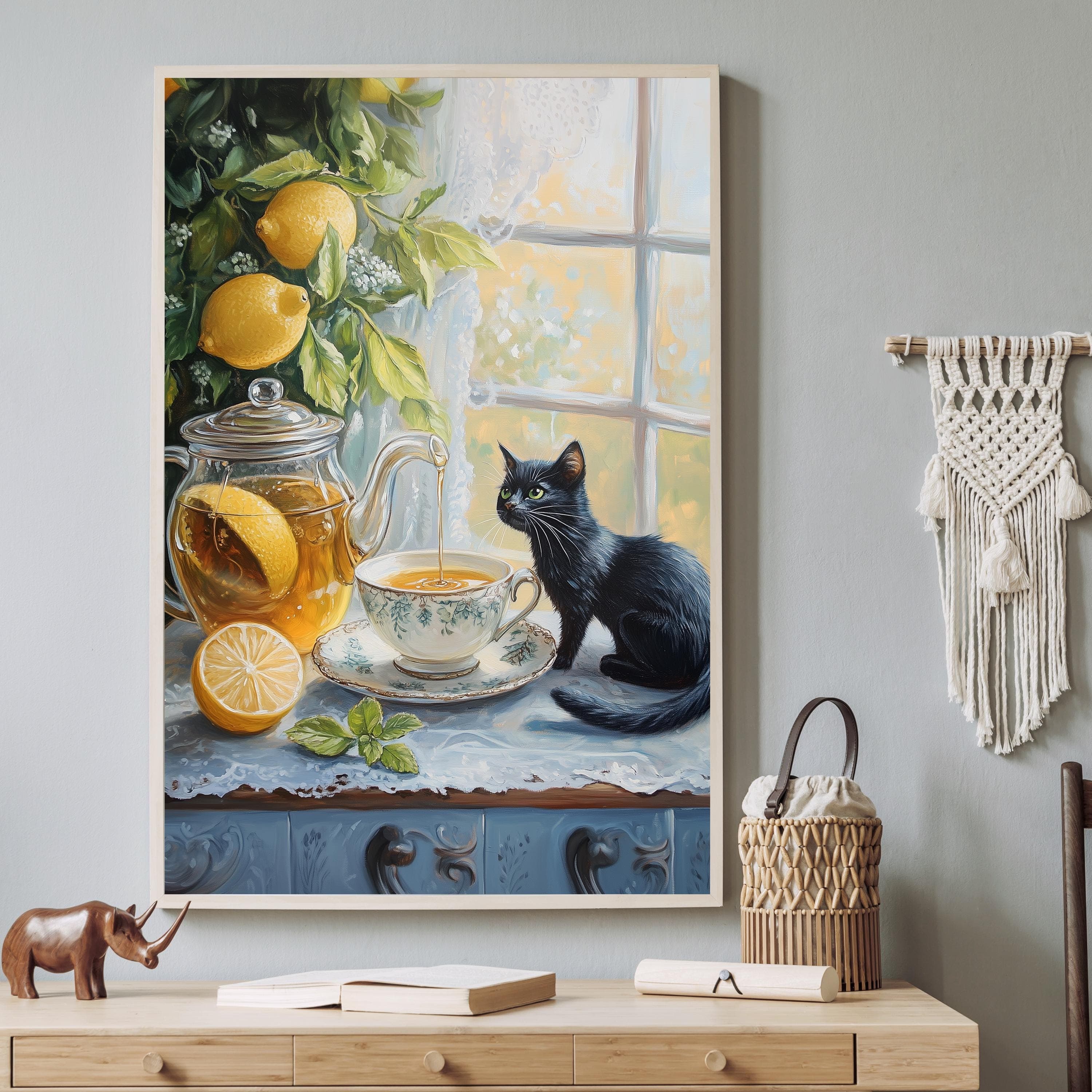 Black cat and lemon still life painting, Whimsical still life painting, Cozy kitchen art, Kitchen wall print, Vintage teacup painting - view 4