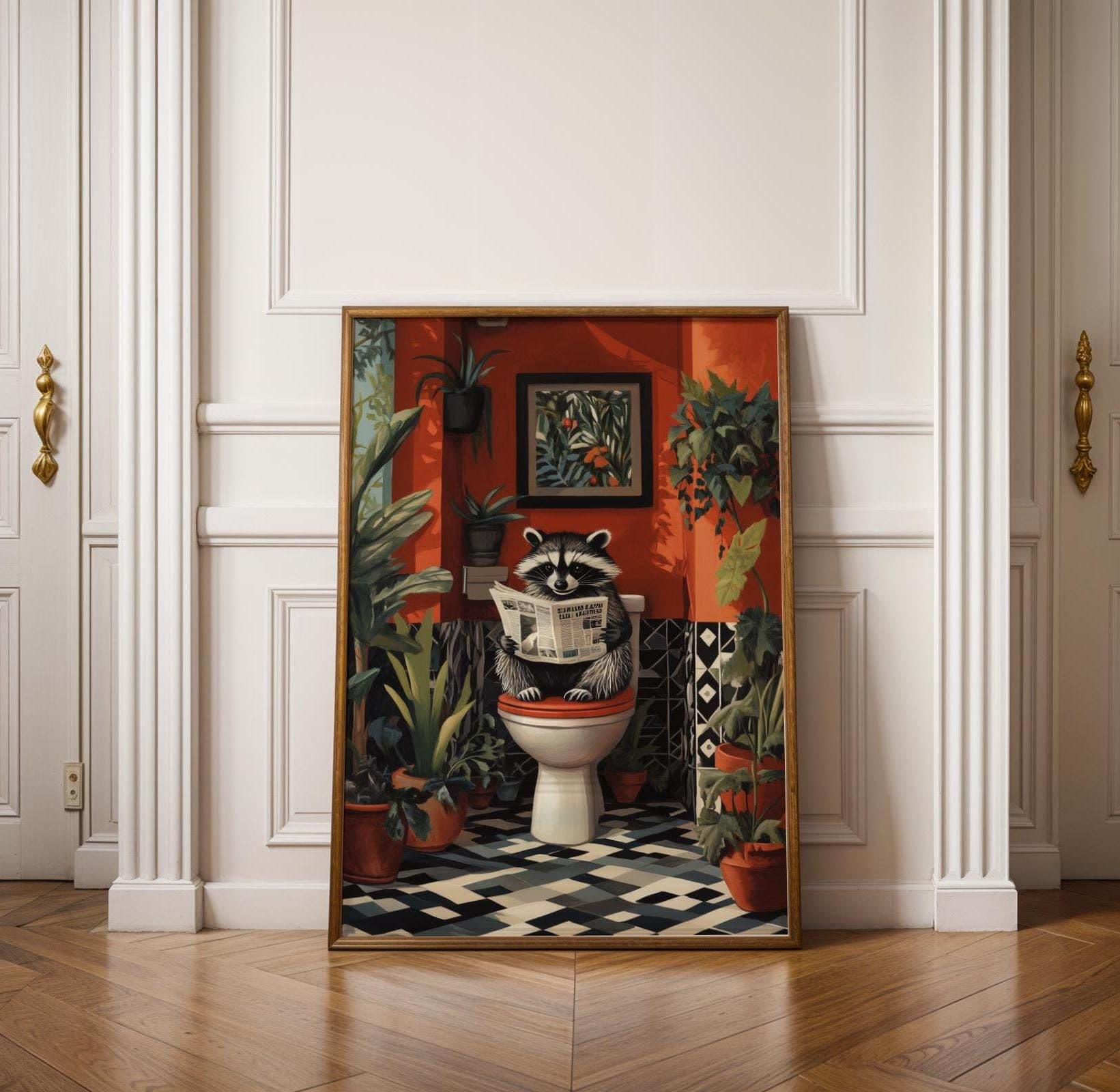 Cute Racoon on Toilet, Funny Bathroom Decor, Pintable Racoon, Funny Racoon Reading on Toilet, Humor Cute Racoon Poster, Kids Bathroom Prints