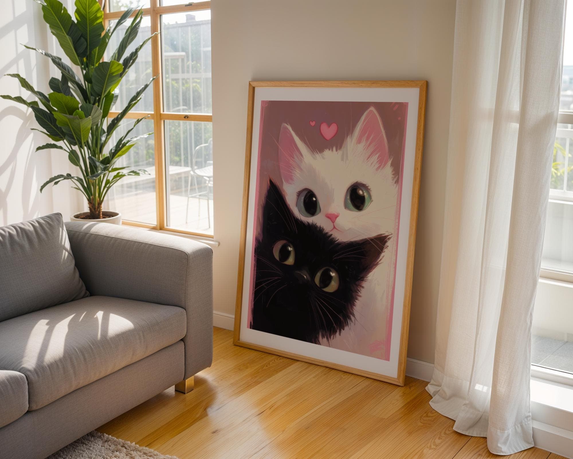 Adorable Black and White Cats Wall Art – Romantic Feline Illustration, Nursery Cat Wal Decor – Kidsroom Art, Kidsroom Cat Art, Printable Cat - view 5