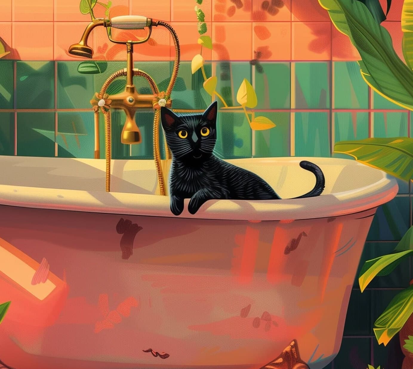 Black Cat in Bathtub Art Print, Tropical Bathroom Decor (Digital Download) - view 2