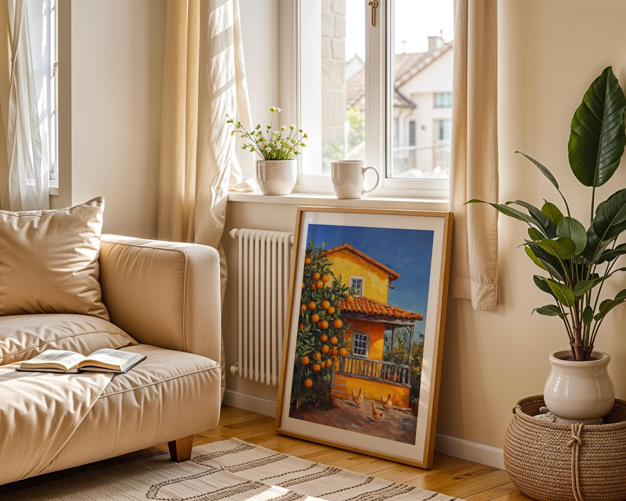 Orange Tree Farmhouse Wall Art, Colorful Country House Print, Farm Kitchen Wall Art, Vintage Farm Wall Decor, Orange Tree and Roosters Art - view 6