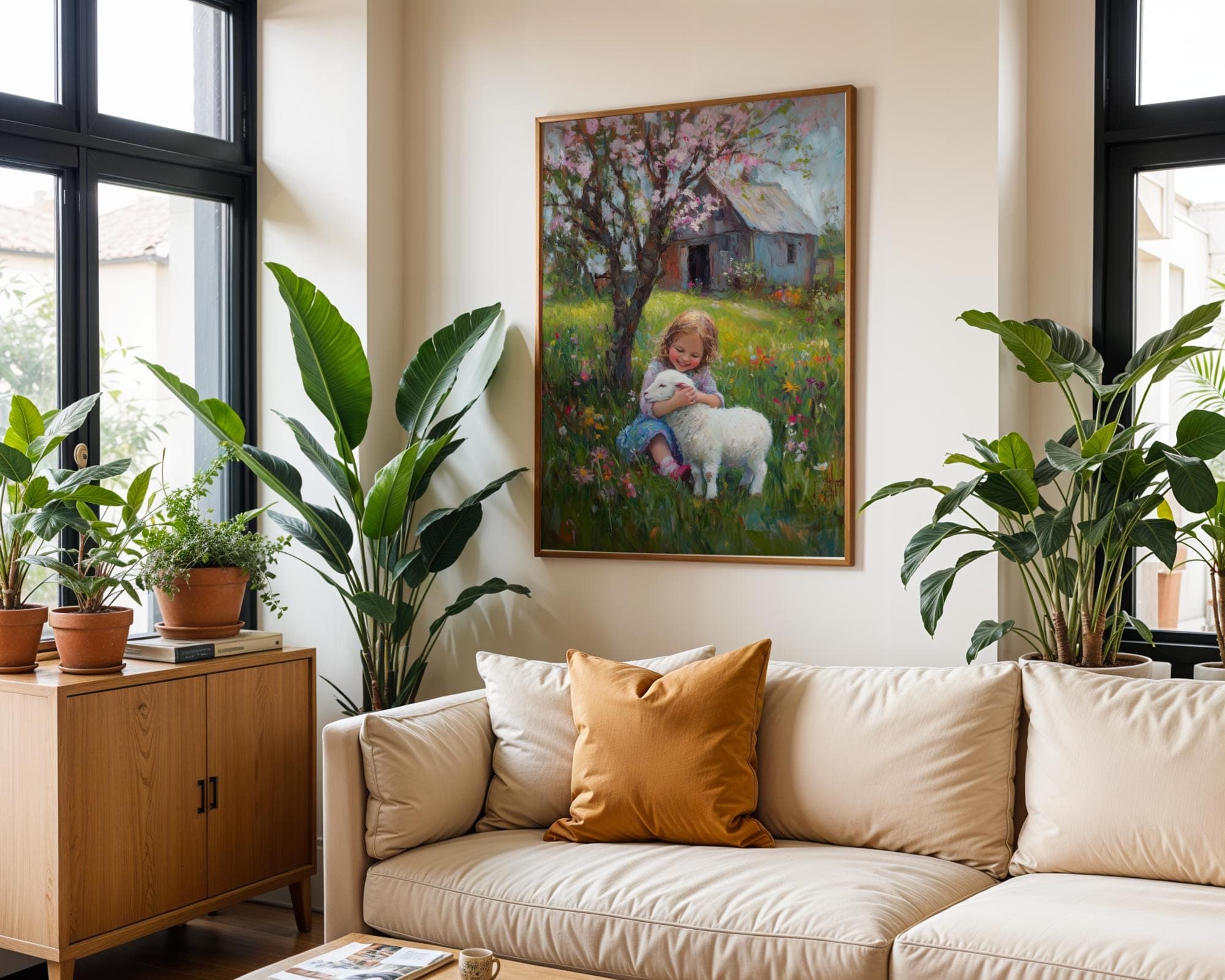Pastoral Girl and Lamb Wall Art, Cottagecore Wall Decor, Floral Pastoral Art, Vintage Countryside Girl and Sheep Painting, Nature Wall Decor - view 3
