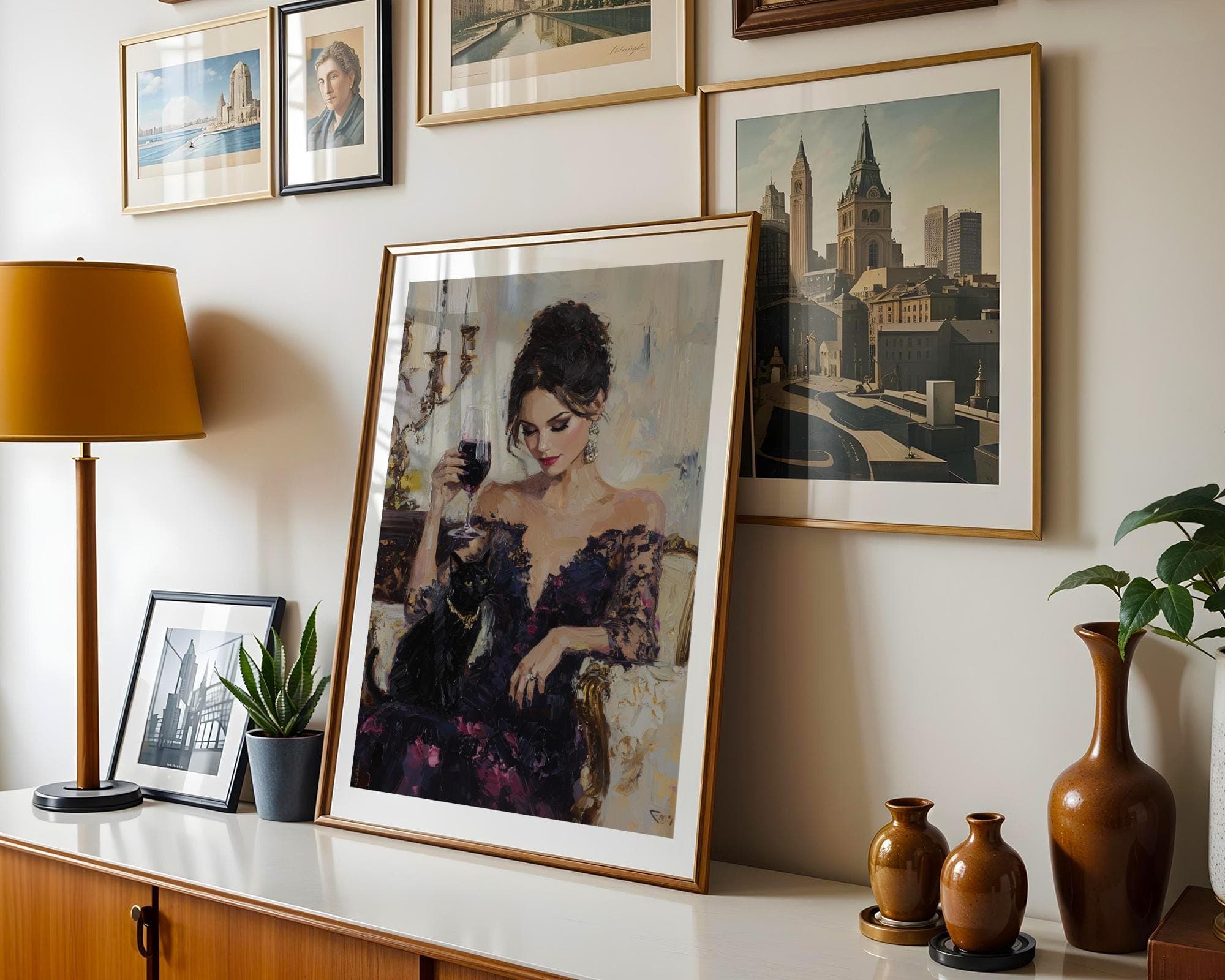Classic Cat and Woman Art, Oil Painting Digital Art, Chic Lady with Black Cat Art, Vintage Glam Wall Art, Decorative Wall Art, Wine Poster - view 4