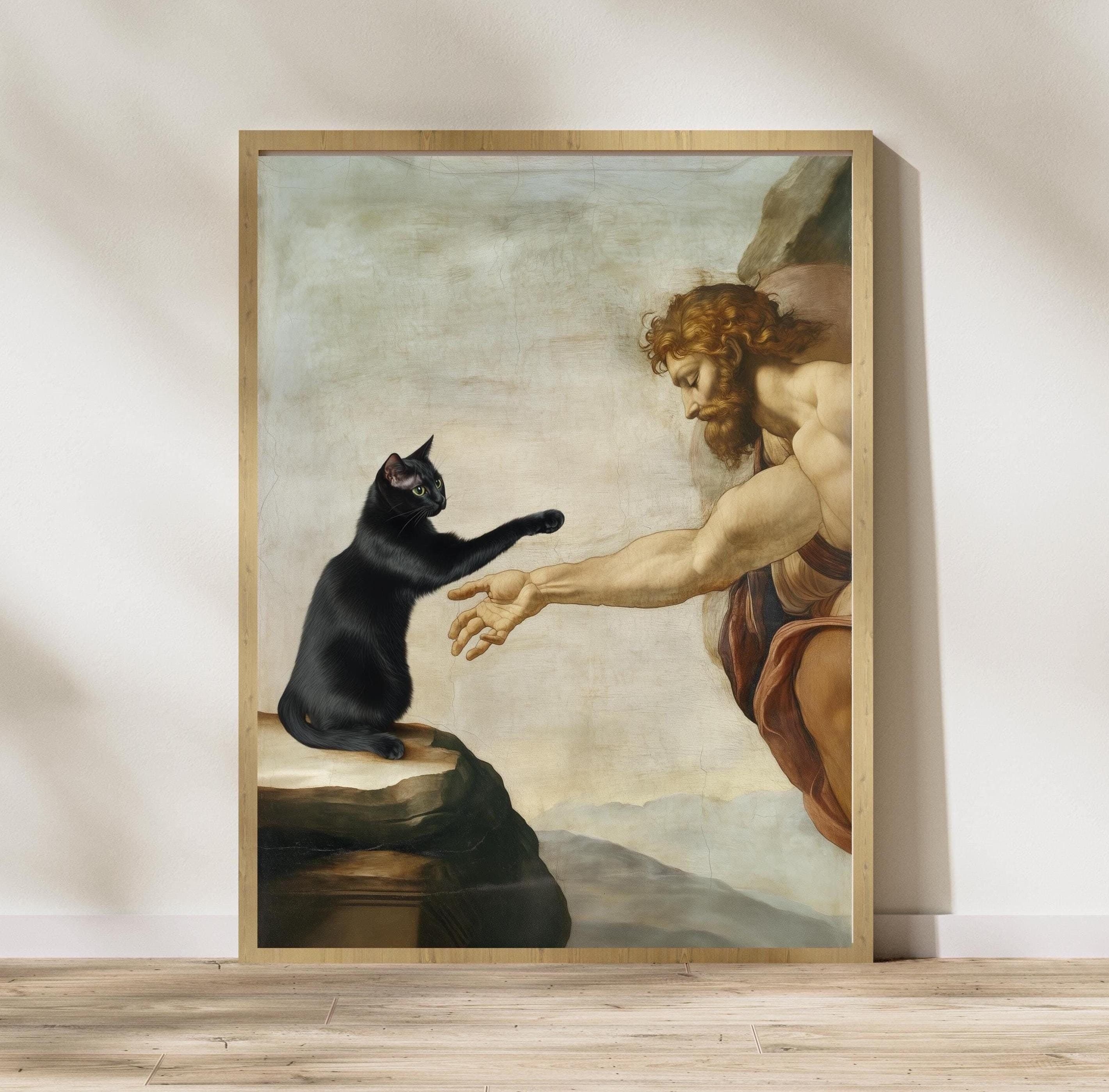 Creation of Adam with Black Cat – Classical Art Parody Poster, Funny Black Cat in Creation of Adam – Art Print, Black Cat Classic Poster