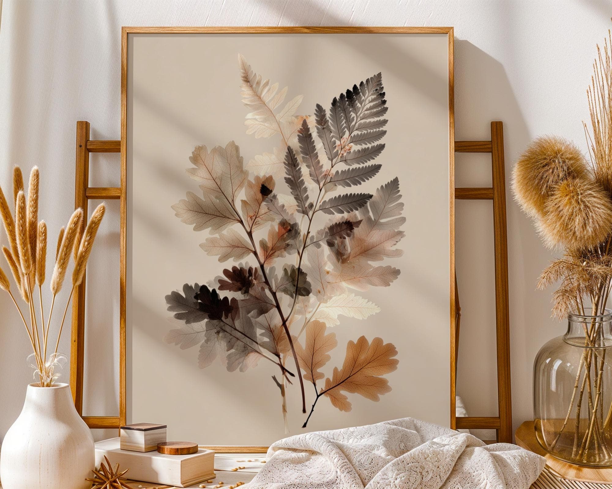Botanical X Ray Leaves Print Neutral Earth Tone Wall Art Poster, Minimalist Nature Wall Art, Modern Leaf Wall Art, Beige Background Print - view 3