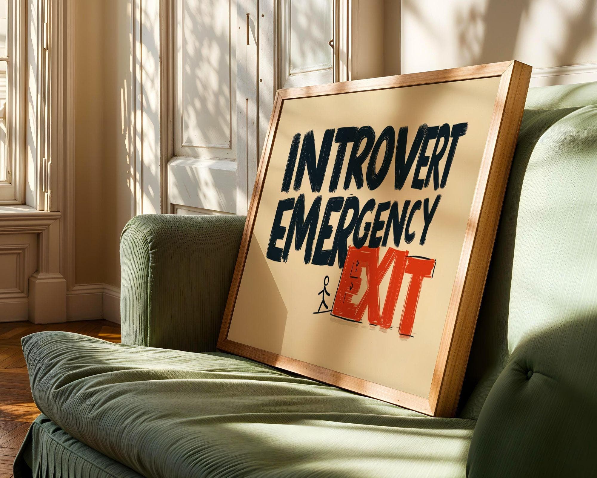 Introvert Emergency Exit Poster, Funny Office Wall Art, Office Humor Print, Minimal Office Poster, Corporate Humor Art, Dorm Room Poster - view 2