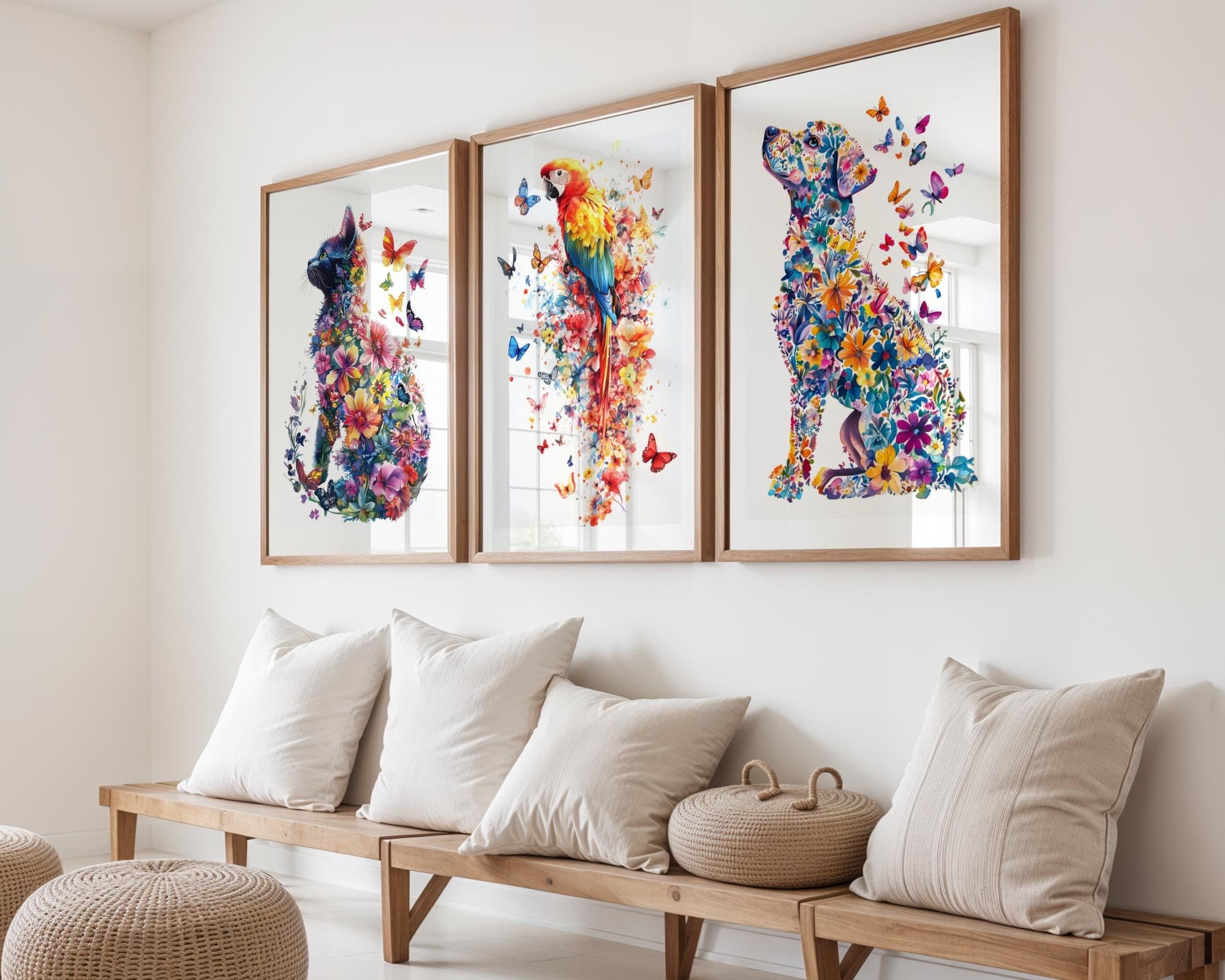 Whimsical Animal Wall Art Set, Floral Animal Art for Kids, Butterfly and Flower Animal Wall Art, Dog, Cat, Parrot Art Prints for Kids, Set 3