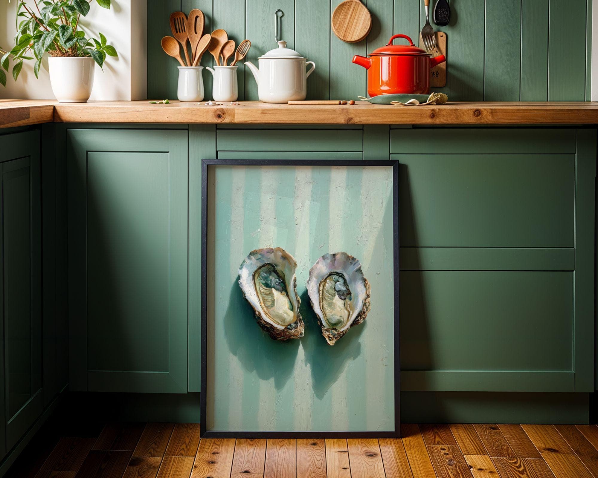Oyster Shell Wall Art Print, Coastal Bathroom Decor, Mint Stripe Beach House Wall Art, Double Oyster Painting, Preppy Coastal Decor - view 2