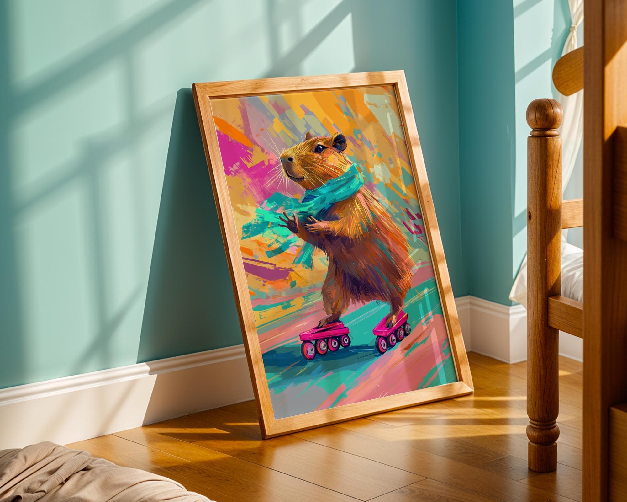 Colorful Capybara Roller Skating Wall Art, Quirky Animal Poster, Digital Download, Capybara Skater Painting, Funky Roller Skating Poster - view 2