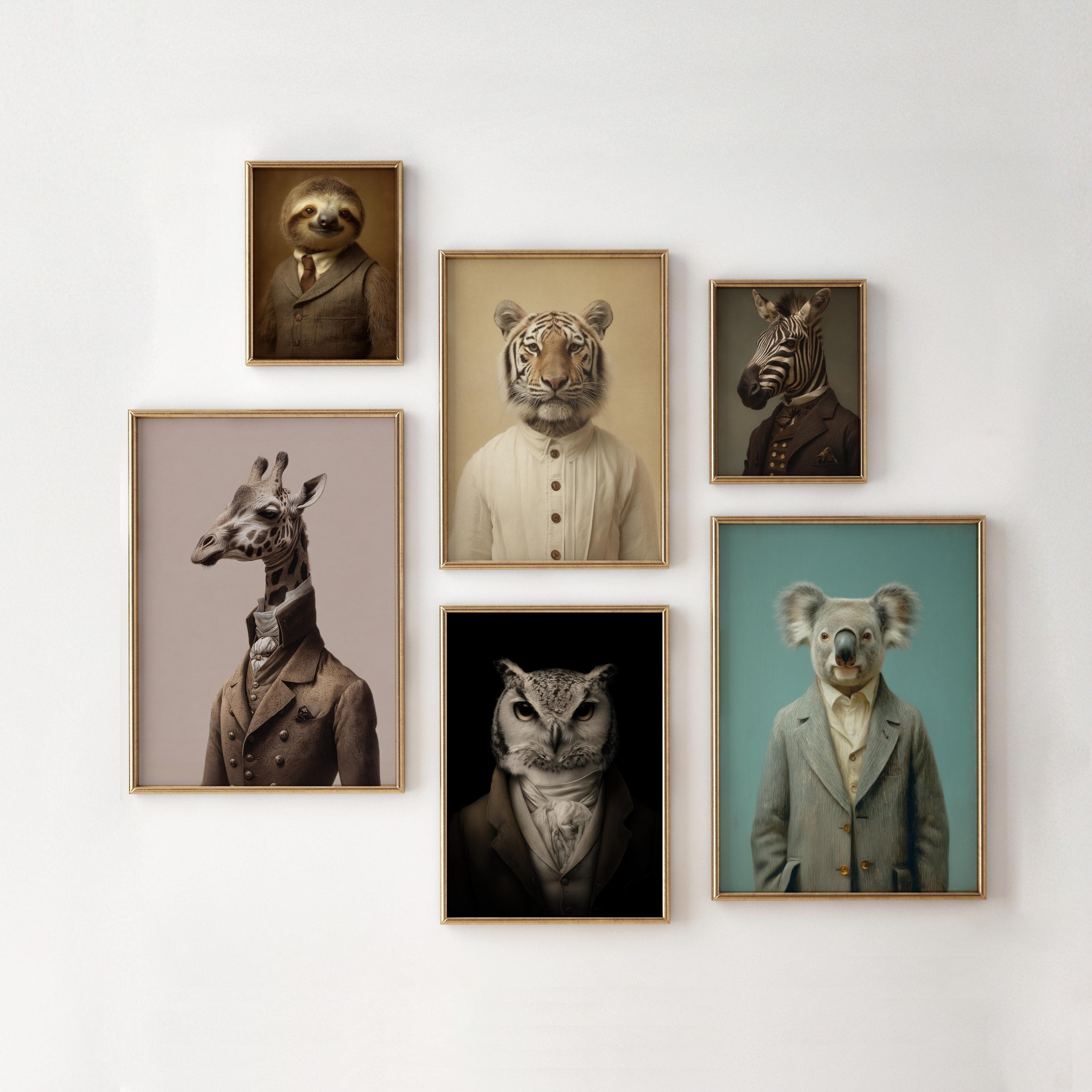 Vintage Animal Portrait Gallery Wall Art Set of 6 – Academic Style Decor, Dapper Animal Portrait Prints, Maximalist Eclectic, Funky Print