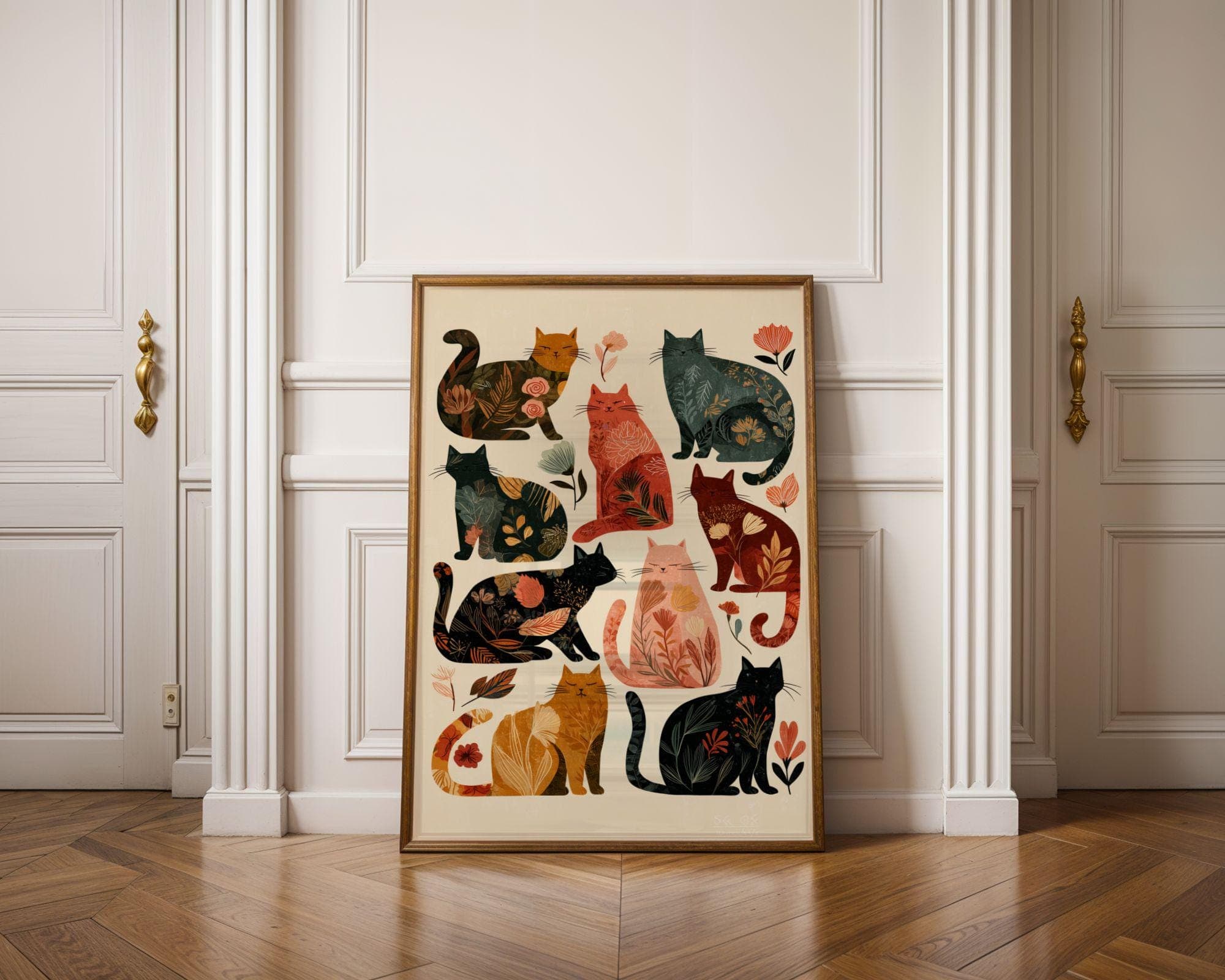 Floral Cat Art Print, Boho Floral Cat Art, Bohemian Cat Wall Print, Whimsical Cat Art Print, Abstract Cat Wall Art, Modern Pop Art Cats Art - view 5
