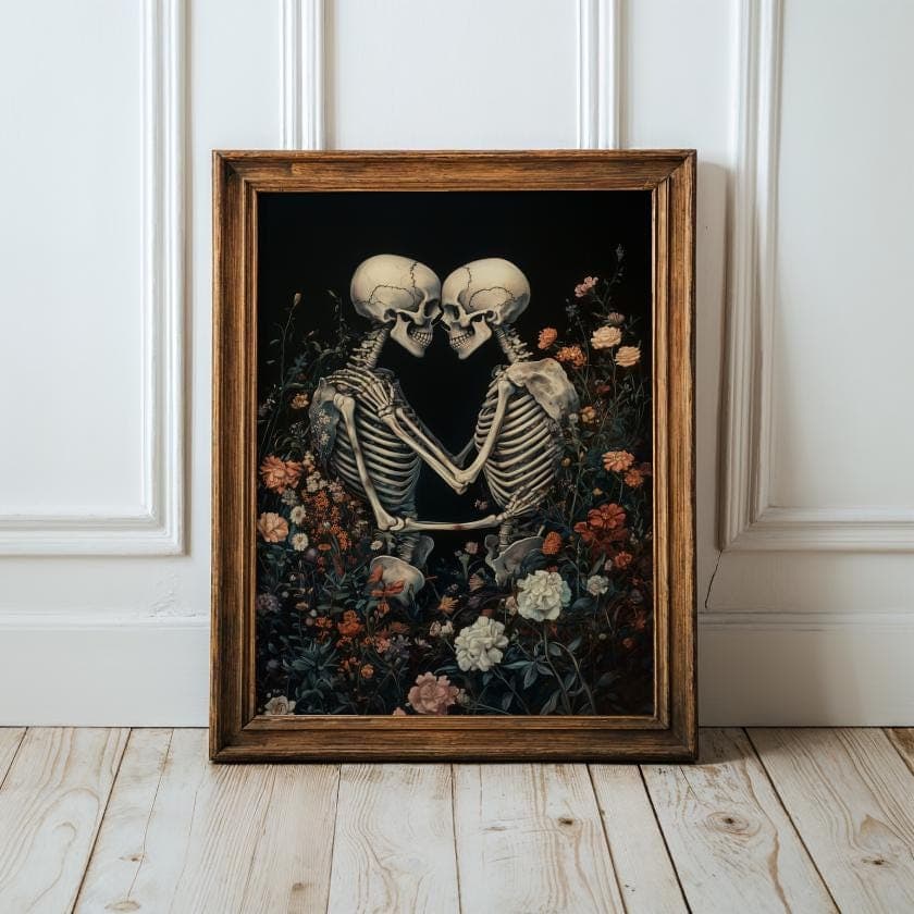 Floral Skeleton Embrace Print – Gothic Love Wall Art, Skeleton Couple Wall Art, Vintage Floral Gothic Romance Print, Floral Skeleton Poster