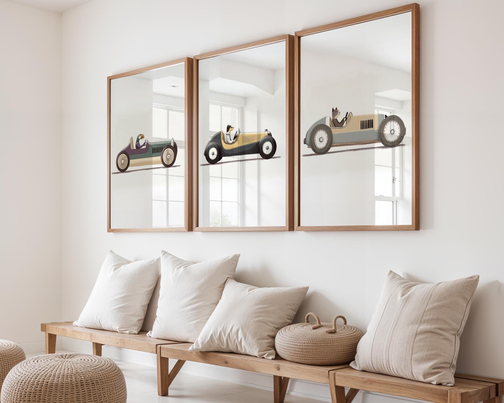 Racing Car Animal Wall Art, Set of 3 Nursery Animal Decor, Animal Driving Vintage Car Art, Playful Wall Print, Racing Animal Illustration