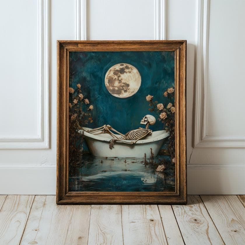 Skeleton Bathtub Art Print: Gothic Bathroom Decor (Digital Download