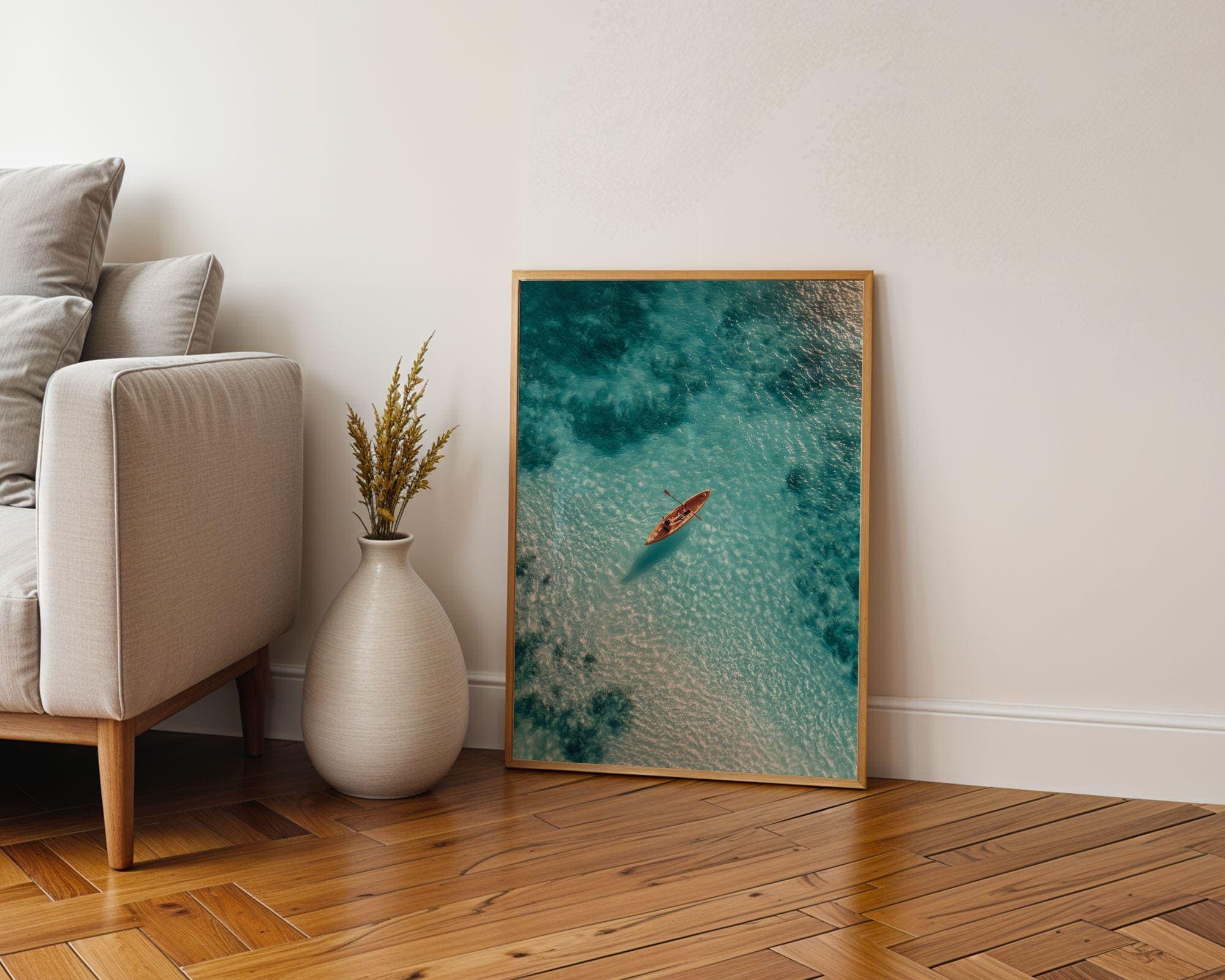 Aerial Ocean Print, Aerial Coastal Wall Print, Turquoise Beach Aerial Art – Kayaker Wall Print, Digital Download, Minimal Coastal Print - view 7