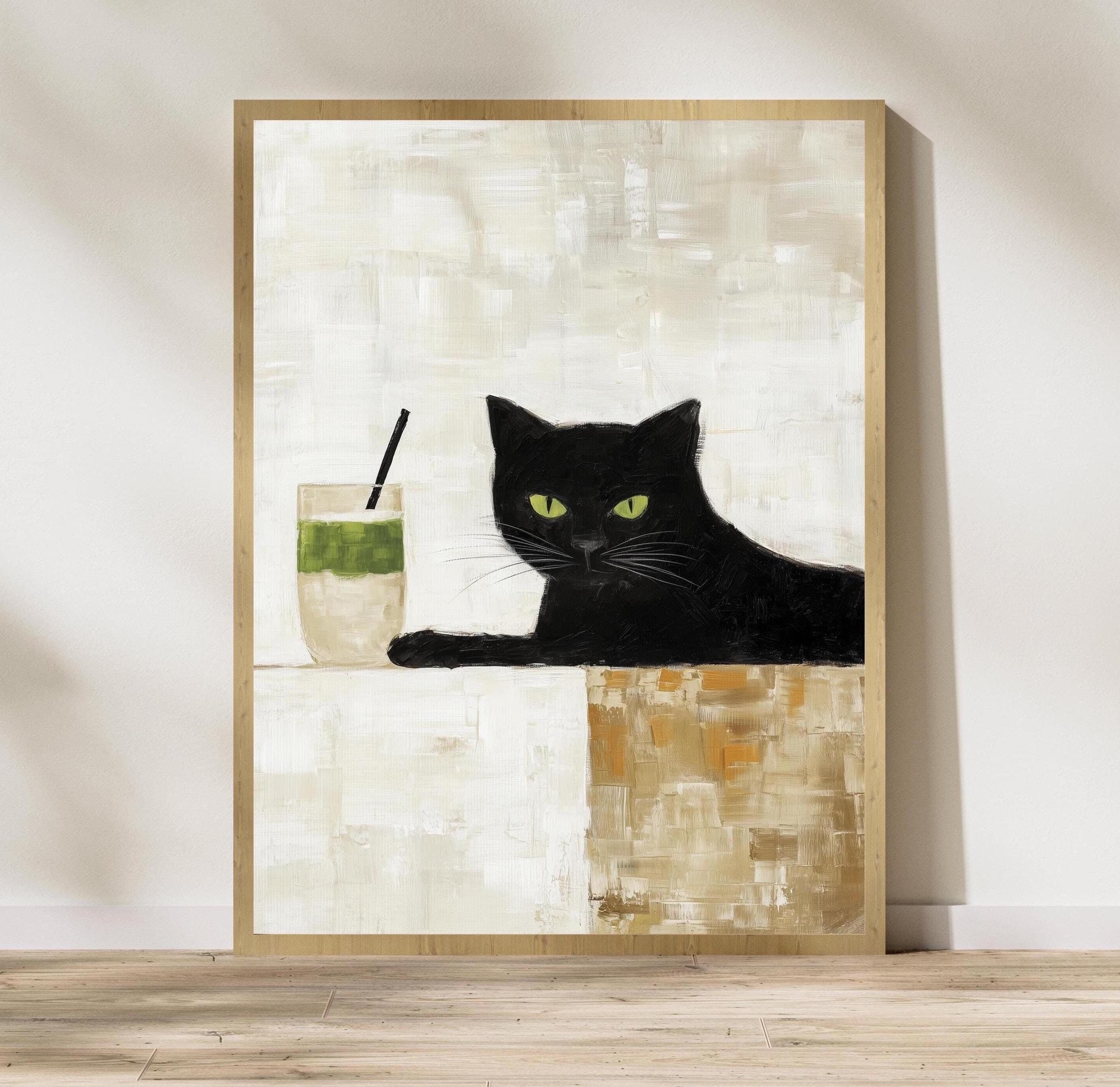 Abstract Black Cat Oil Painting, Minimalist Black Cat Poster, Abstract Animal Wall Art, Whimsical Black Cat Art, Abstract Oil Painting Print