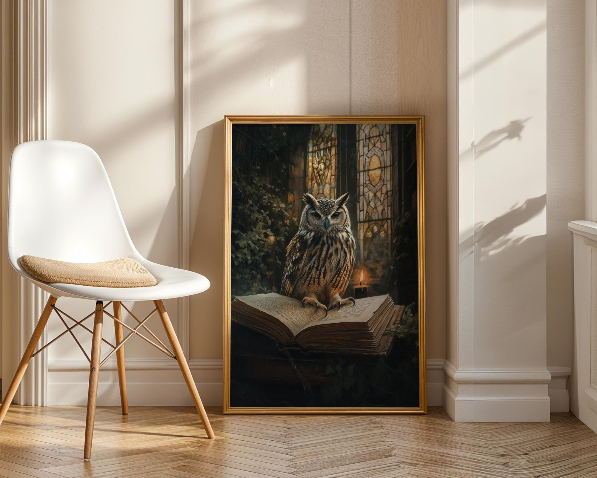 Gothic Owl and Skull Wall Art, Antique Owl Candlelit Art, Dark Academia Candlelit Library Painting, Vintage Book Stack Print, Gothic Art - view 3