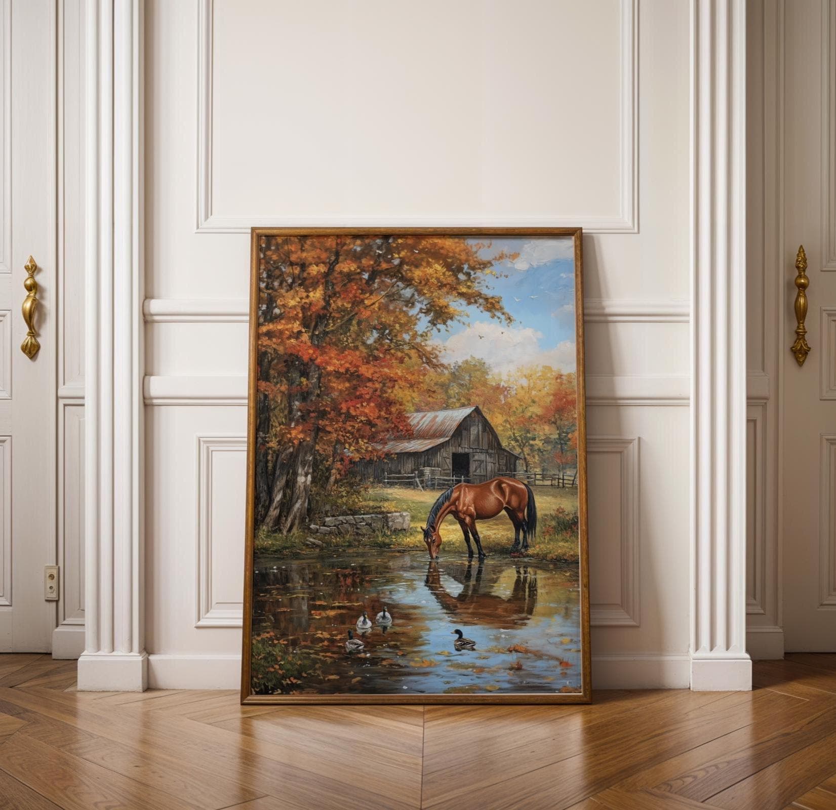 Pastoral Horse Farm Wall Print, Farmhouse Nature Wall Decor, Golden Fall Countryside Print, Countryside Reflection Print, Digital Download