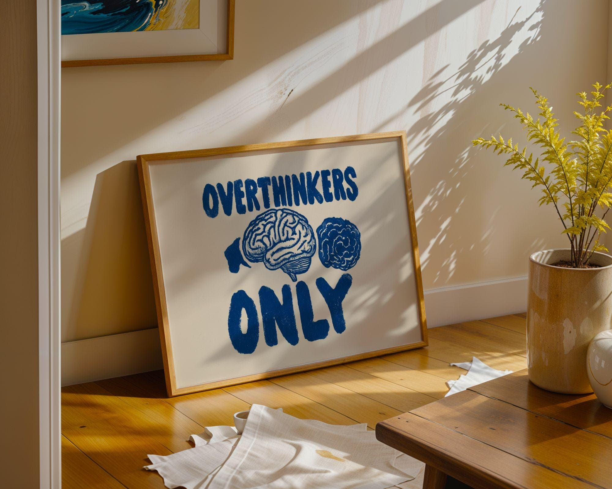 Overthinkers Only Wall Art, Mental Health Wall Art, Retro Typography Poster, Anxiety Humor Wall Art, Dorm Room Wall Art, Blue Beige Print - view 2