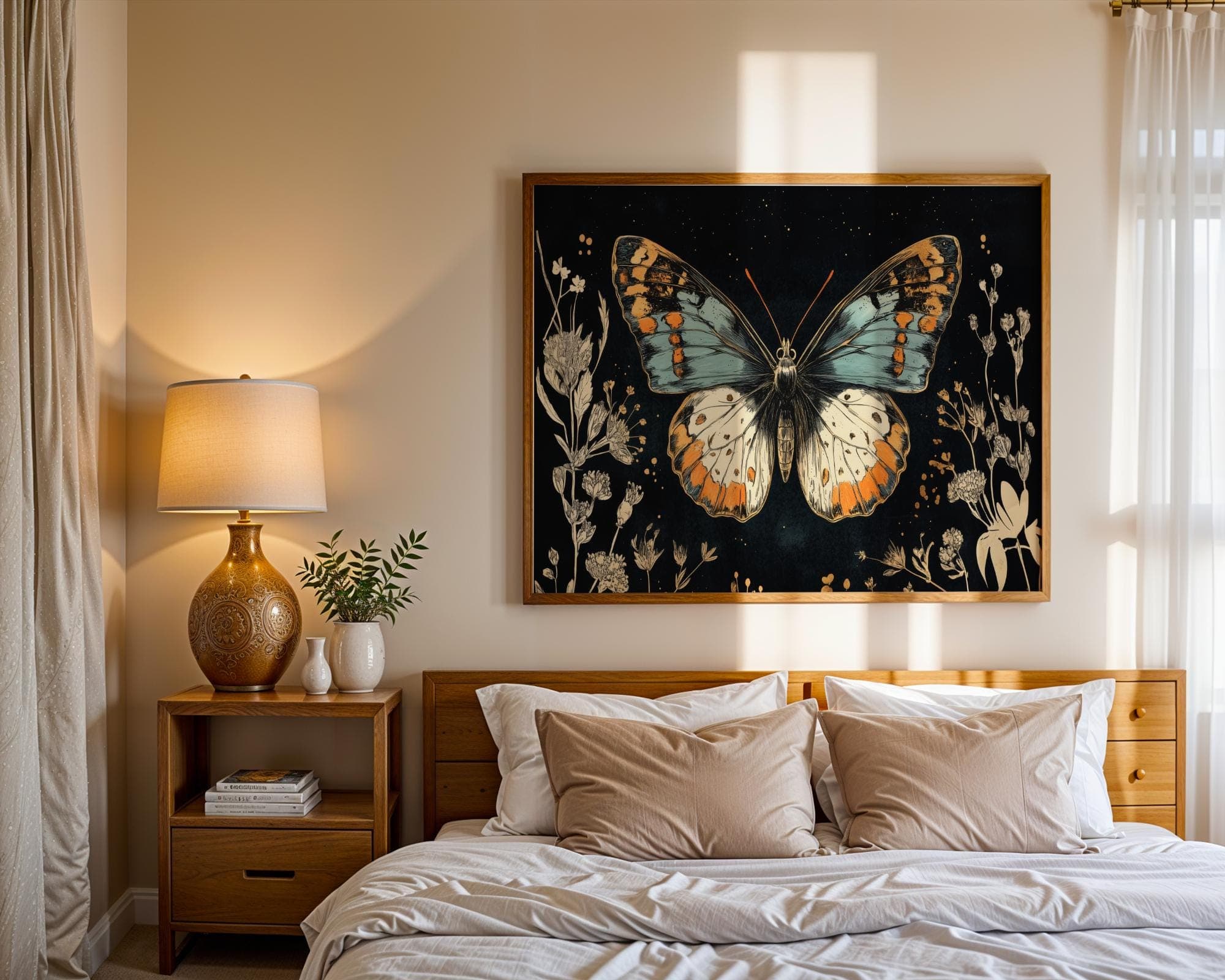 Blue Butterfly Botanical Wall Art Print – Vintage Insect, moody moth wall decor, butterfly printable, boho floral woodland moth cottagecore - view 2