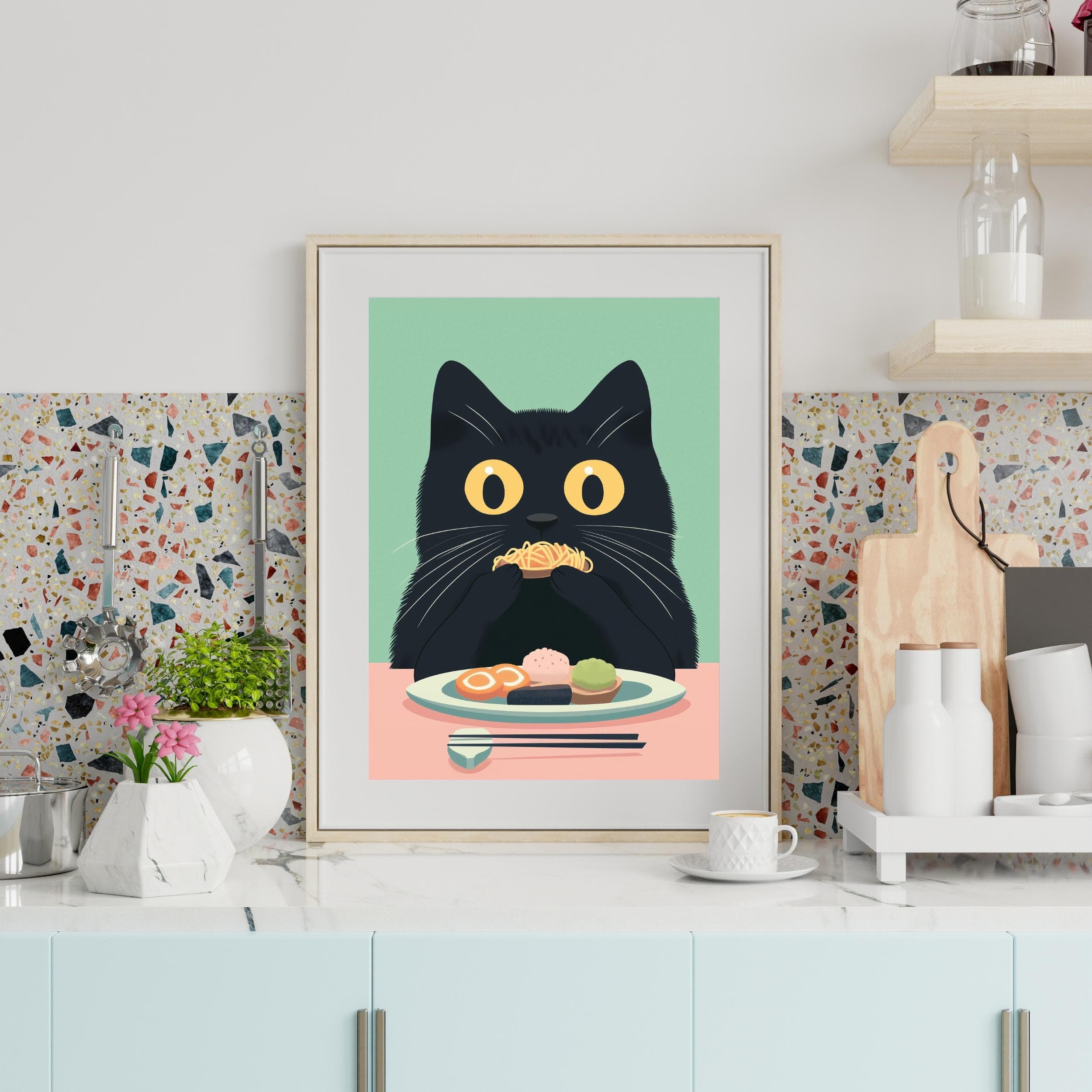 Black Cat Tapas Art Print, Whimsical Cat Kitchen Decor, Black Cat Wall Print Funny Cat Kitchen Print, Maximalist Cat Art, Funny Cat Art - view 2