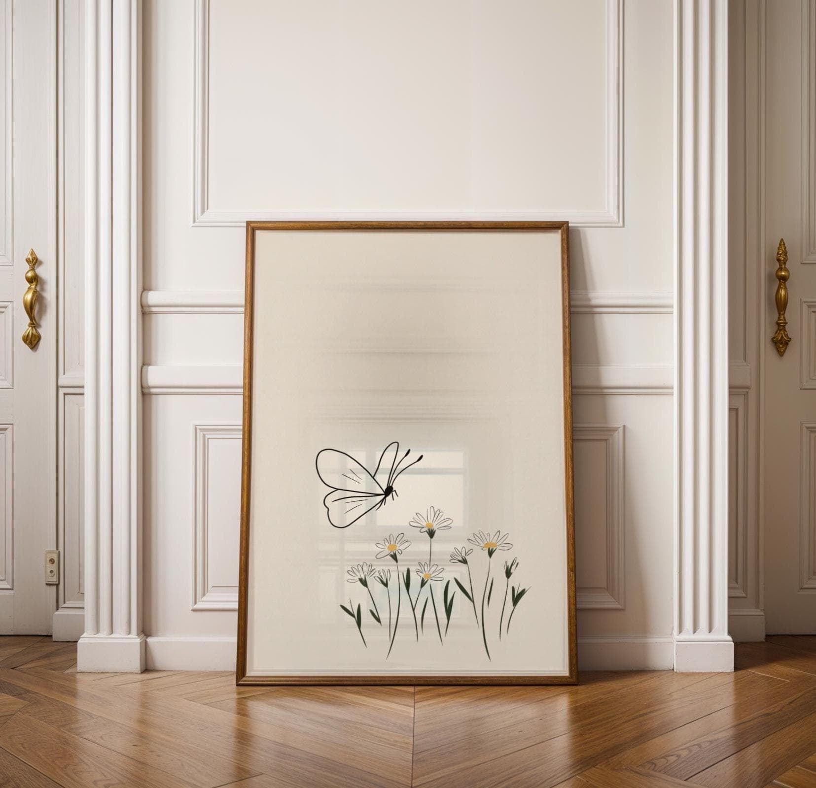 Minimalist Butterfly Wall Art, Scandinavian Nature Print, Soft Beige Wall Art, Line Drawing Butterfly Print, Beige Floral Wall Art