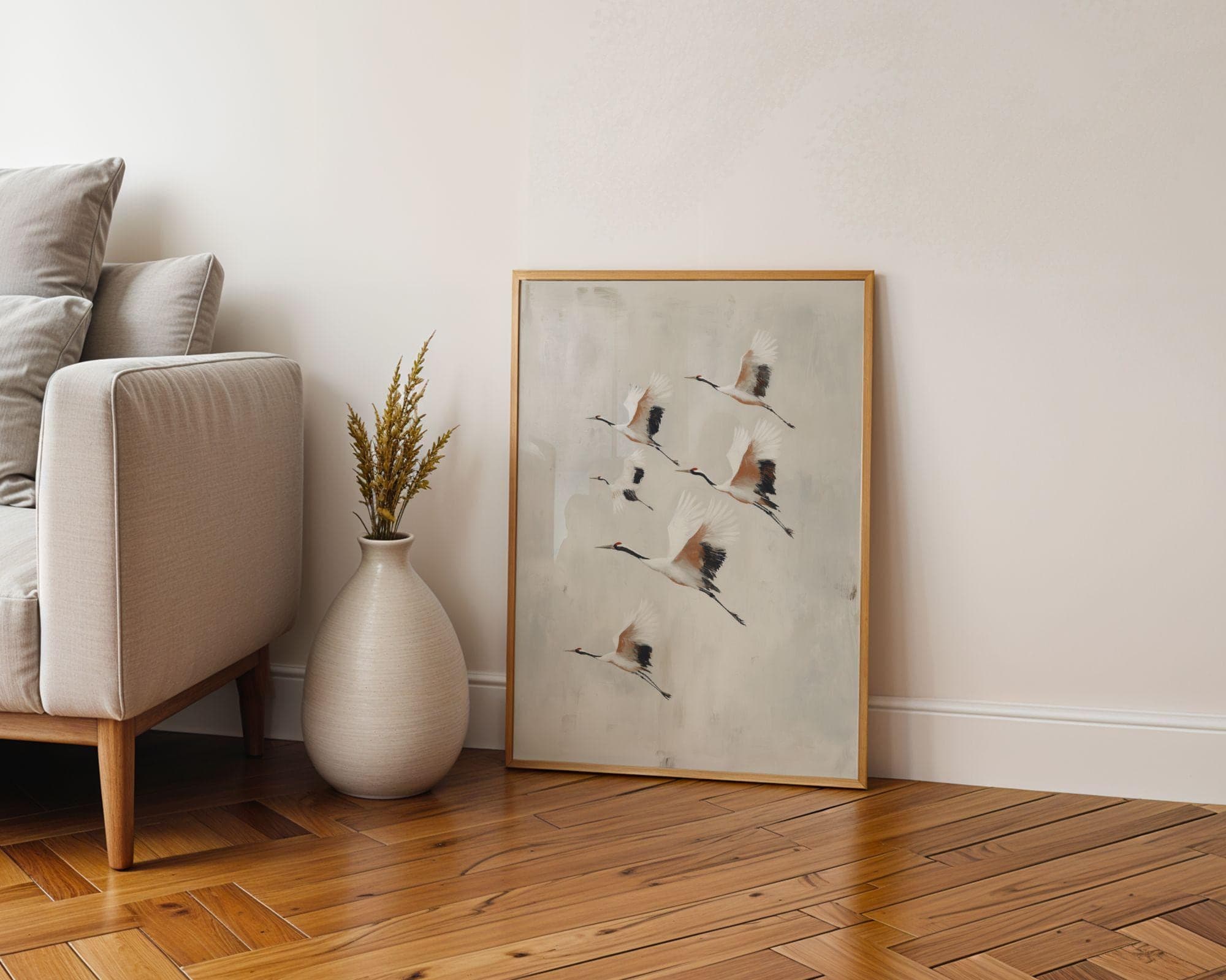 Japandi Crane Wall Art | Flock in Flight, Japandi Wall Decor, Scandinavian Wall Art, Calming Nature Art | Birds in Motion, Digital Download - view 7