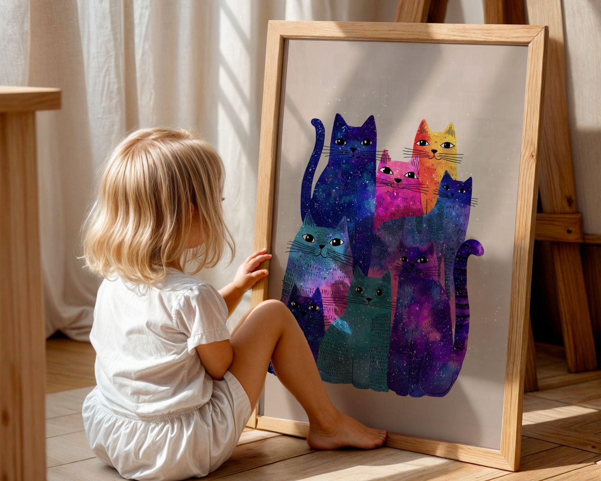 Abstract Galaxy Cats Art Print, Whimsical Animal Poster (Digital Download) - view 2