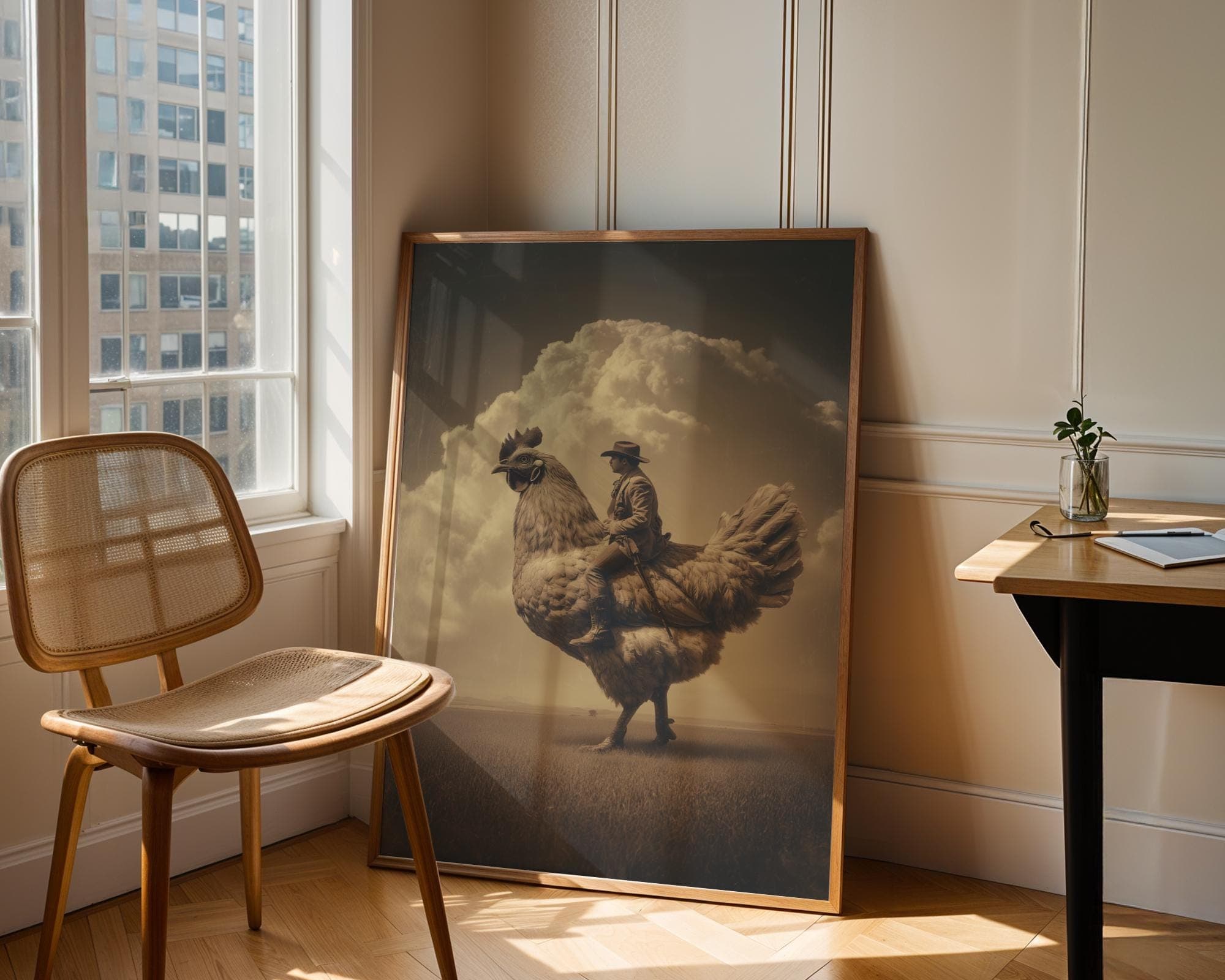 Surreal Western Fantasy Animal Print, Retro Sepia Western Animal Art, Whimsical Chicken Rider Wall Print, Cowboy Fantasy Art, Western Print - view 2