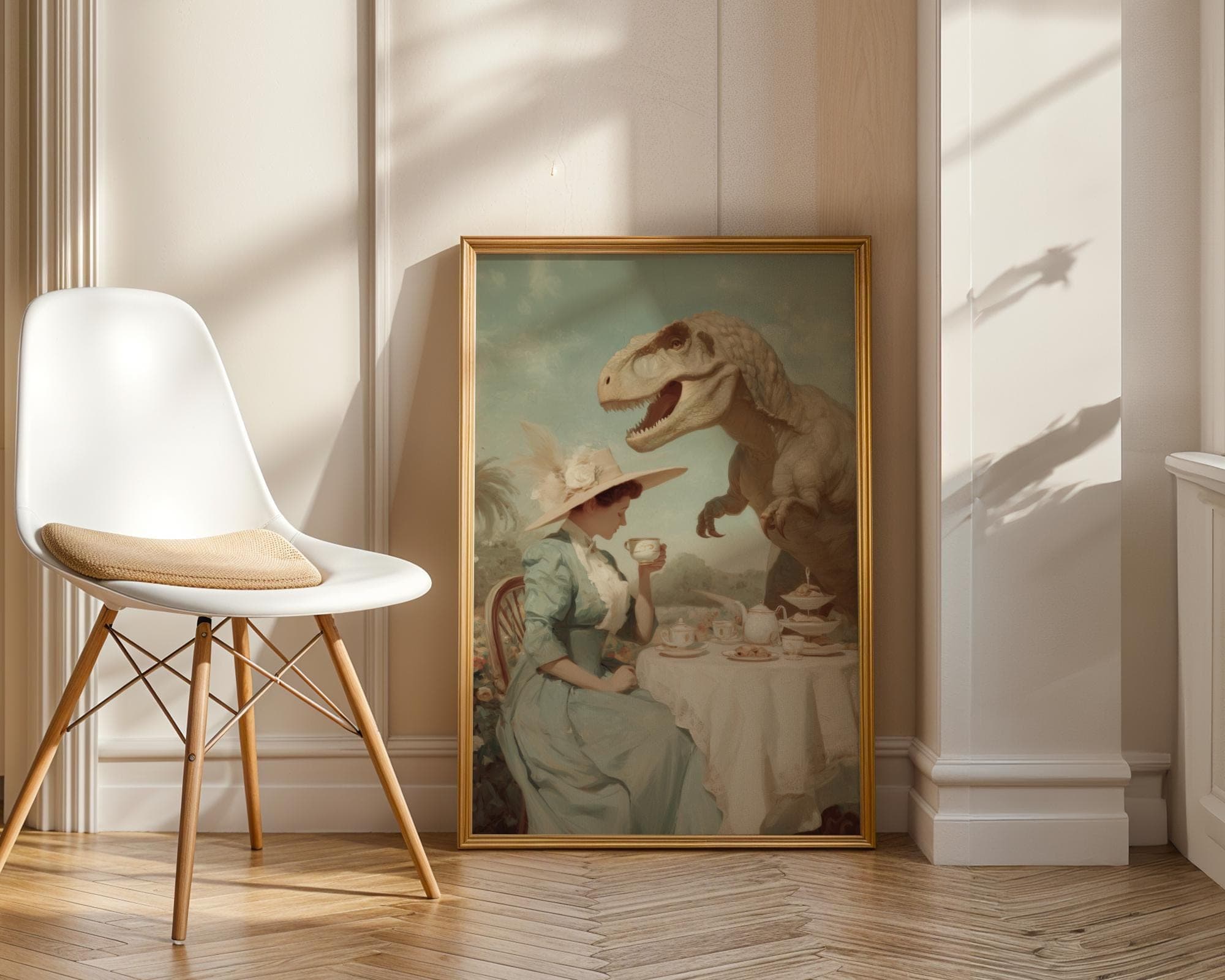Quirky Victorian Woman with Dinosaur Wall Print, Whimsical Dinosaur Wall Decor, Vintage Surreal Wall Art, Quirky Dinosaur Wall Art, Surreal - view 2