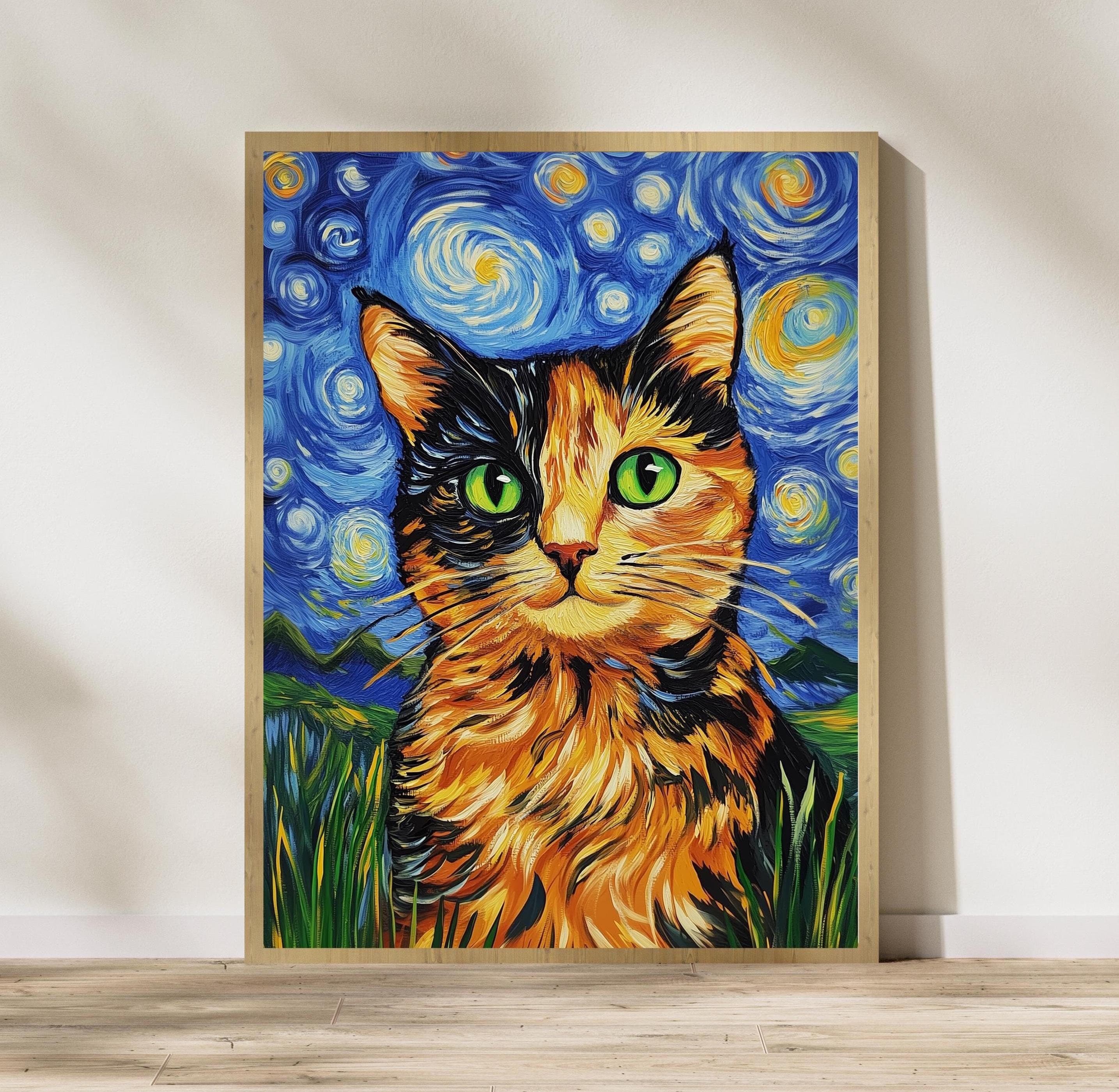 Abstract Cat Wall Art, Van Gogh Inspired Starry Night Cat, Colorful Wall Art Inspired by Van Gogh, Colorful Abstract Cat Painting, Cat Print