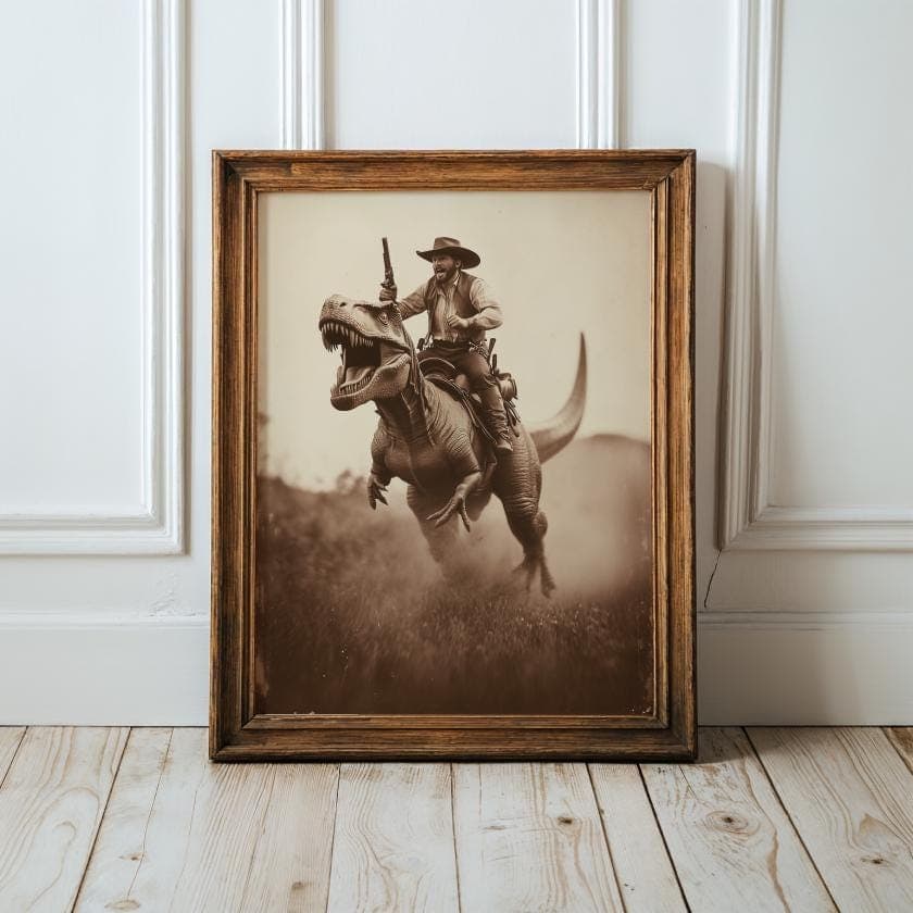Cowboy Riding Dinosaur Wall Art Print, Western Style Print, Prehistoric Dinosaur Poster, Wild West Dinosaur Cowboy Print, Sepia Poster
