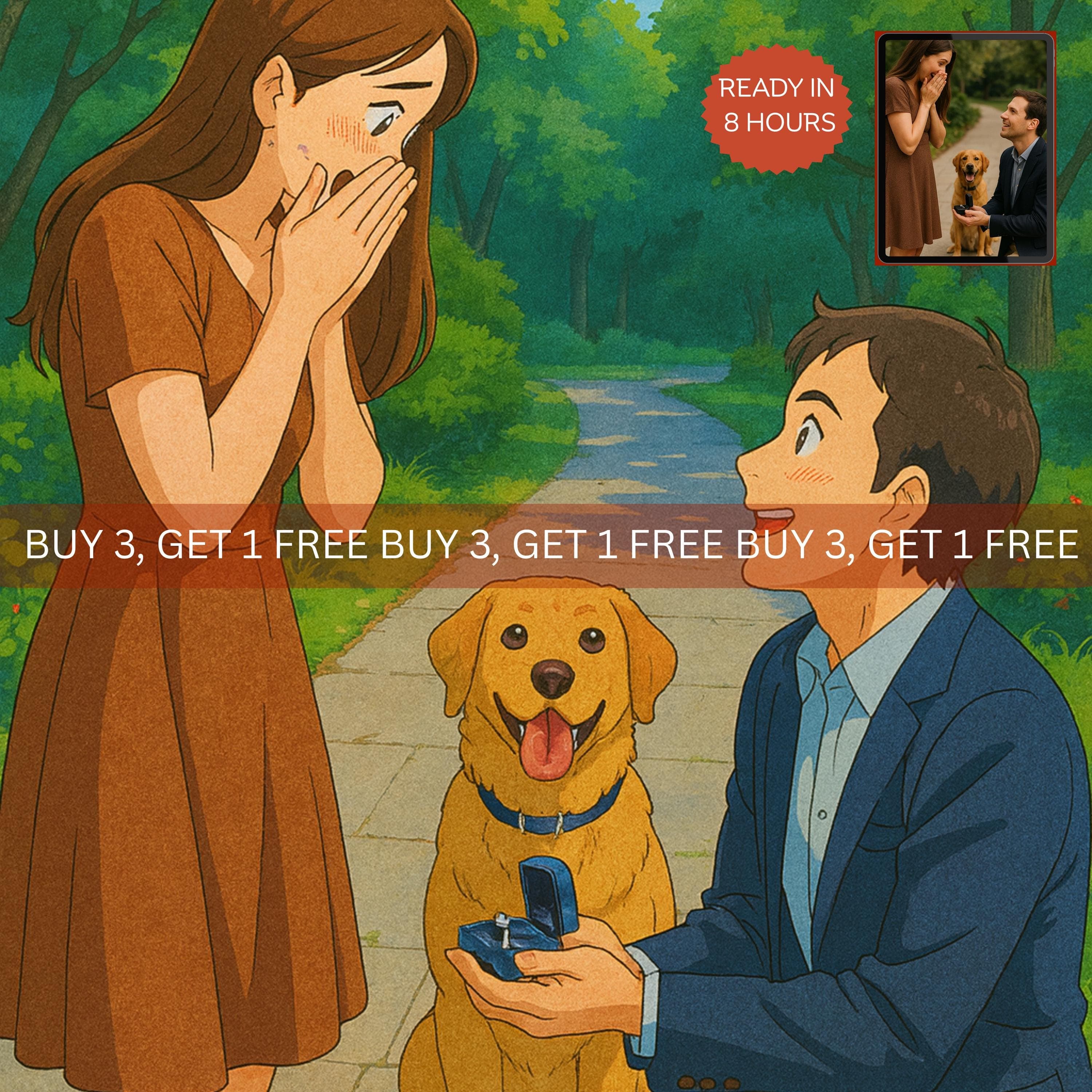 Custom Couple Anime Portrait, Hand Drawn Anime Portrait, Custom Cartoon Style Art, Personalized Couple with Dog in Cartoon Style for Lovers